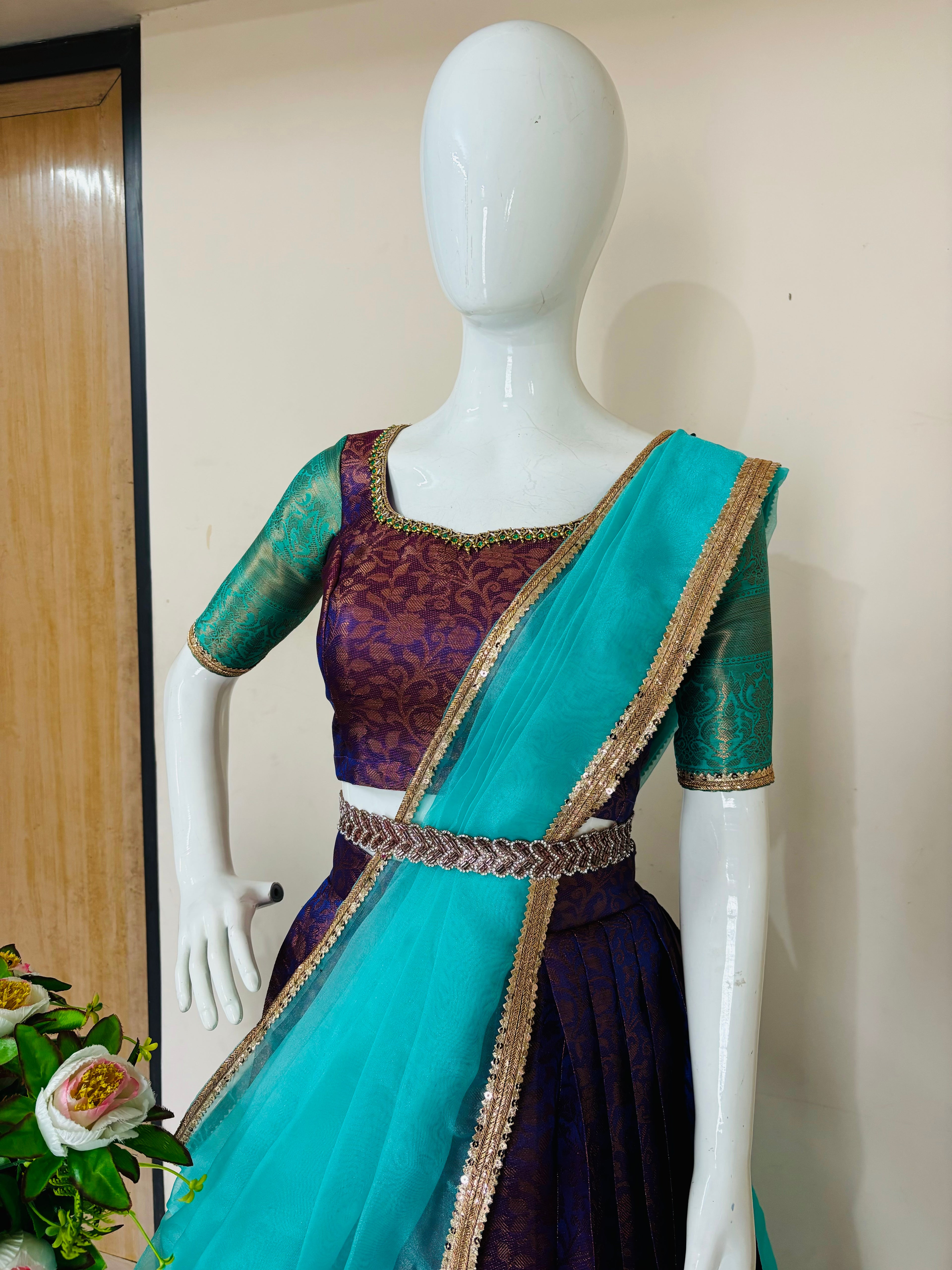 Royal Purple & Aqua Saree Style Designer Lehenga