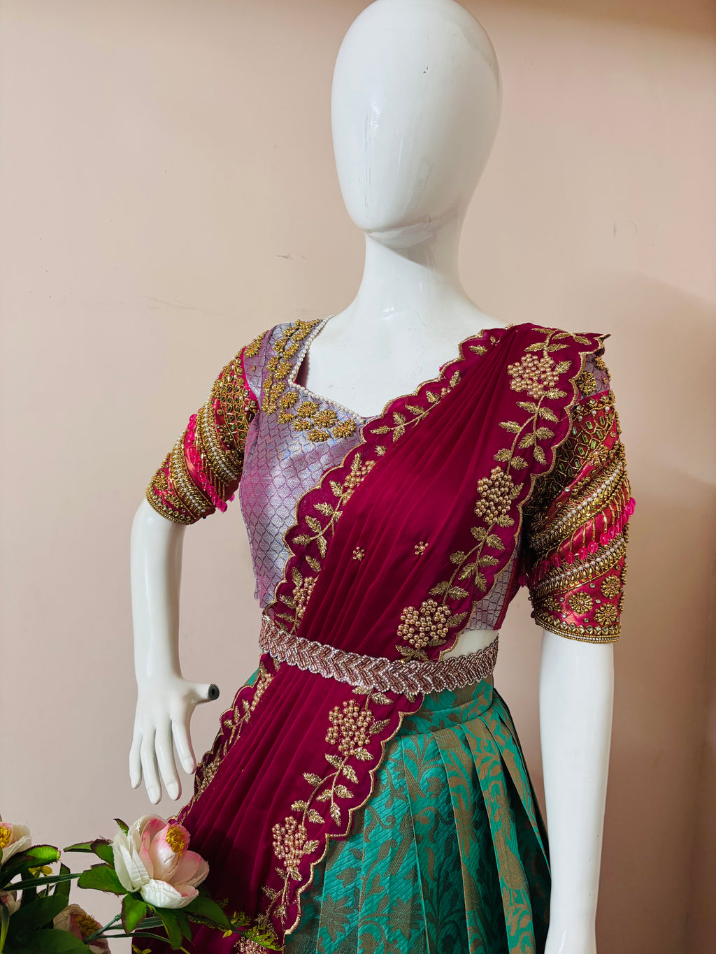 Teal & Magenta Saree Style Designer Lehenga