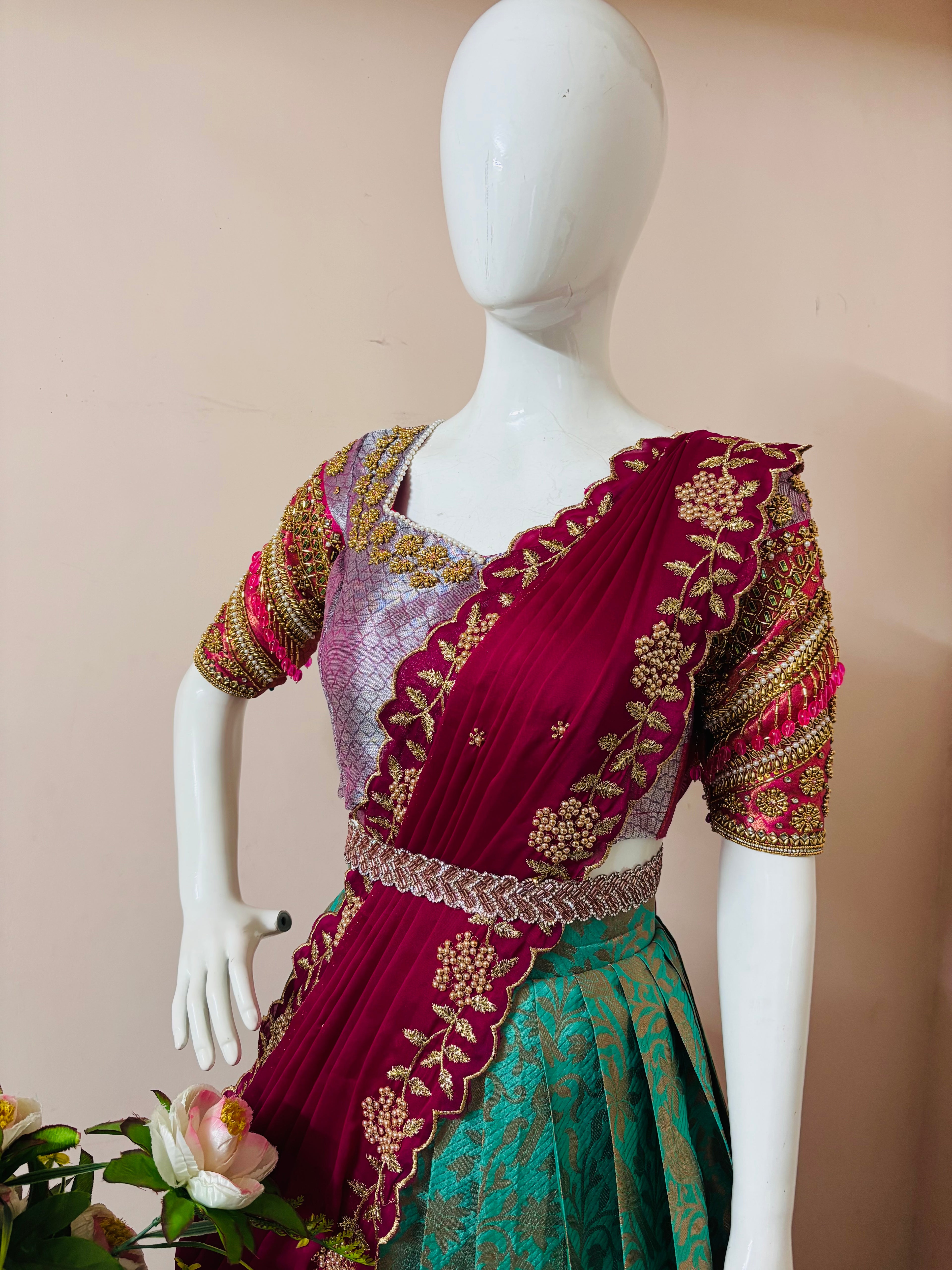 Teal & Magenta Saree Style Designer Lehenga