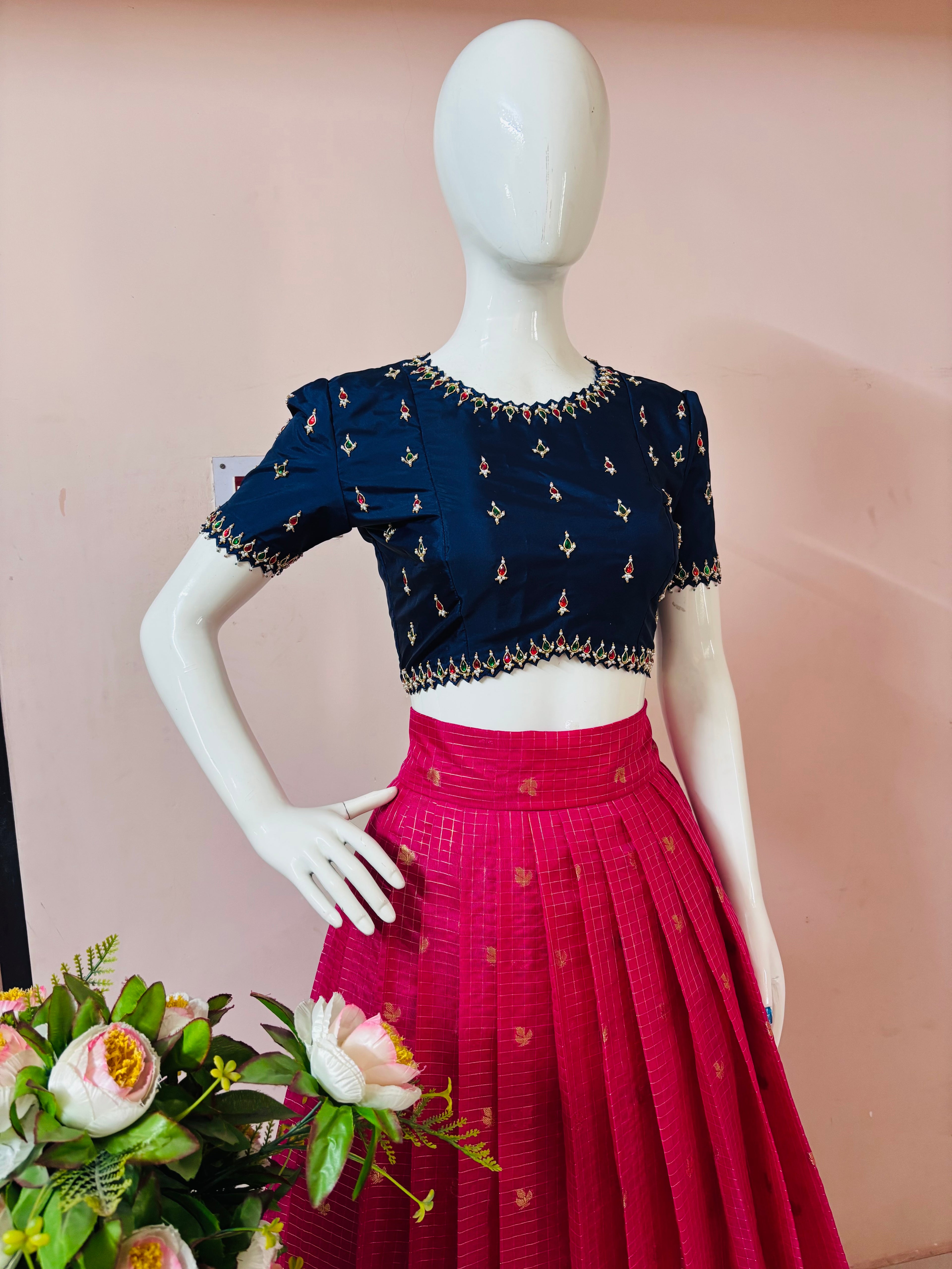 Fuchsia Pink & Navy Blue CropTop Set