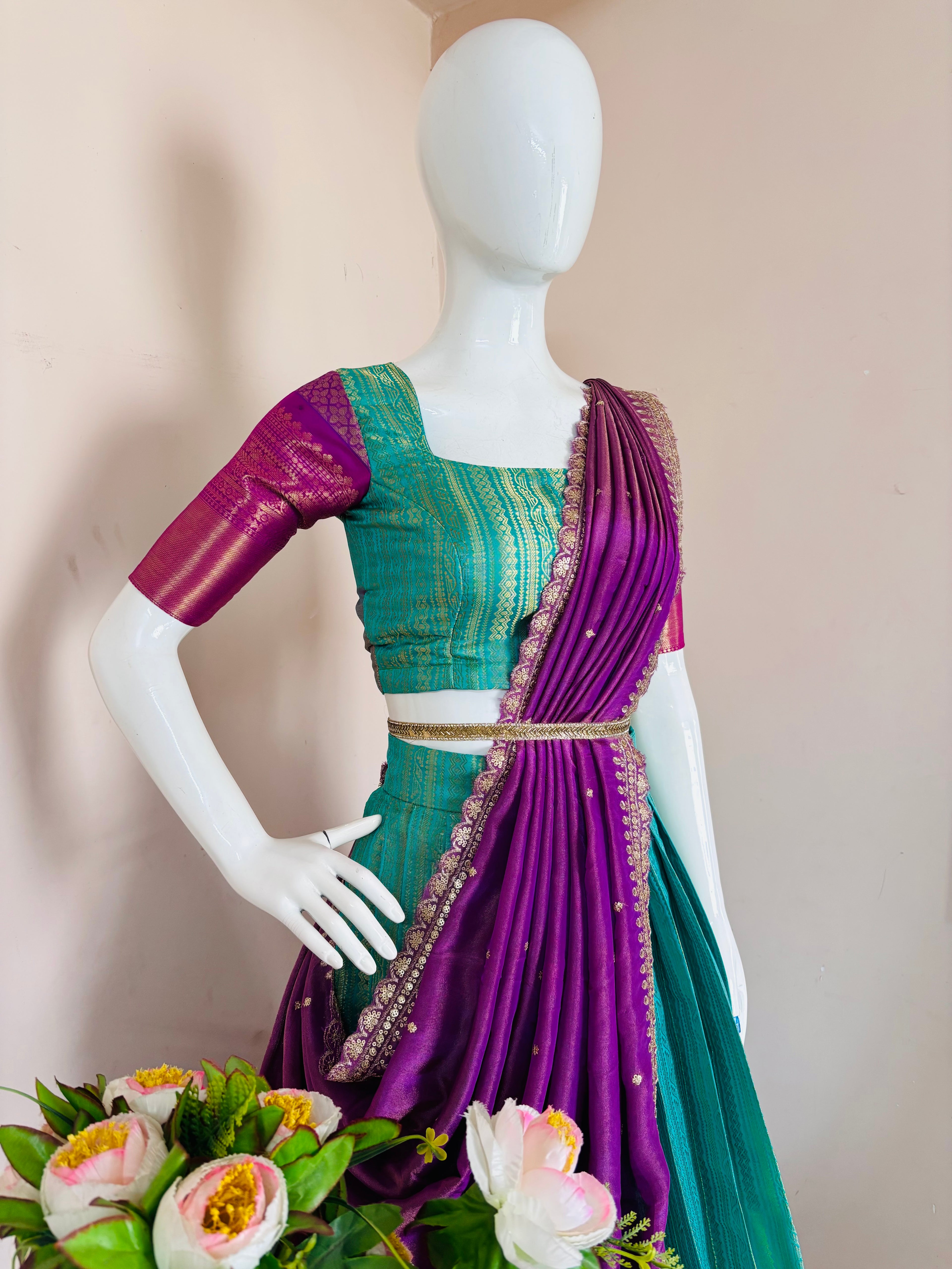 Peacock Blue & Purple Saree Style Lehenga