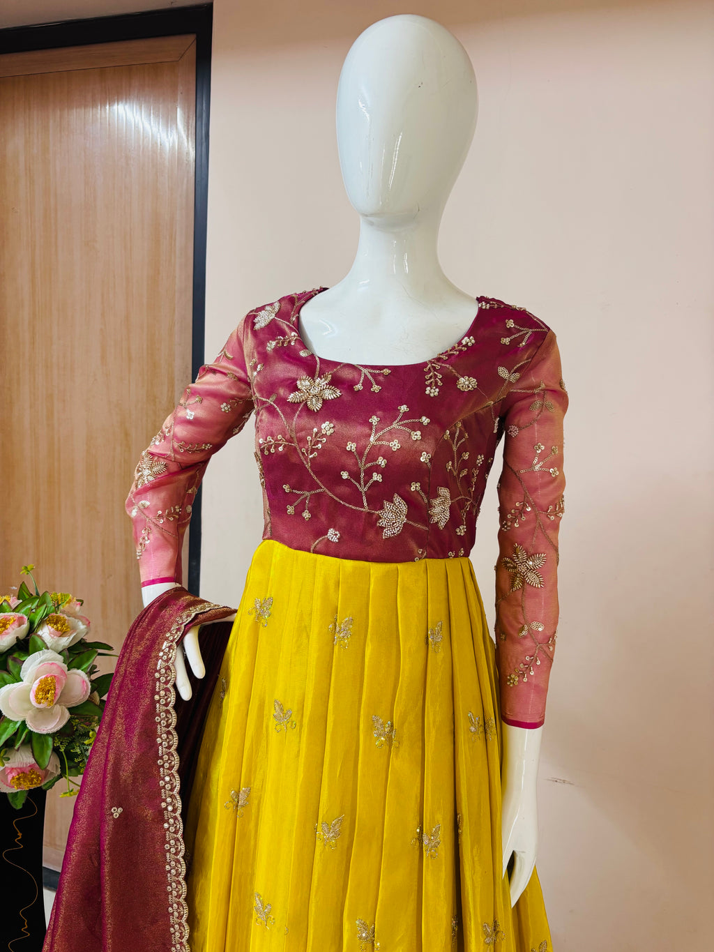 Mustard Yellow & Magenta Party Wear