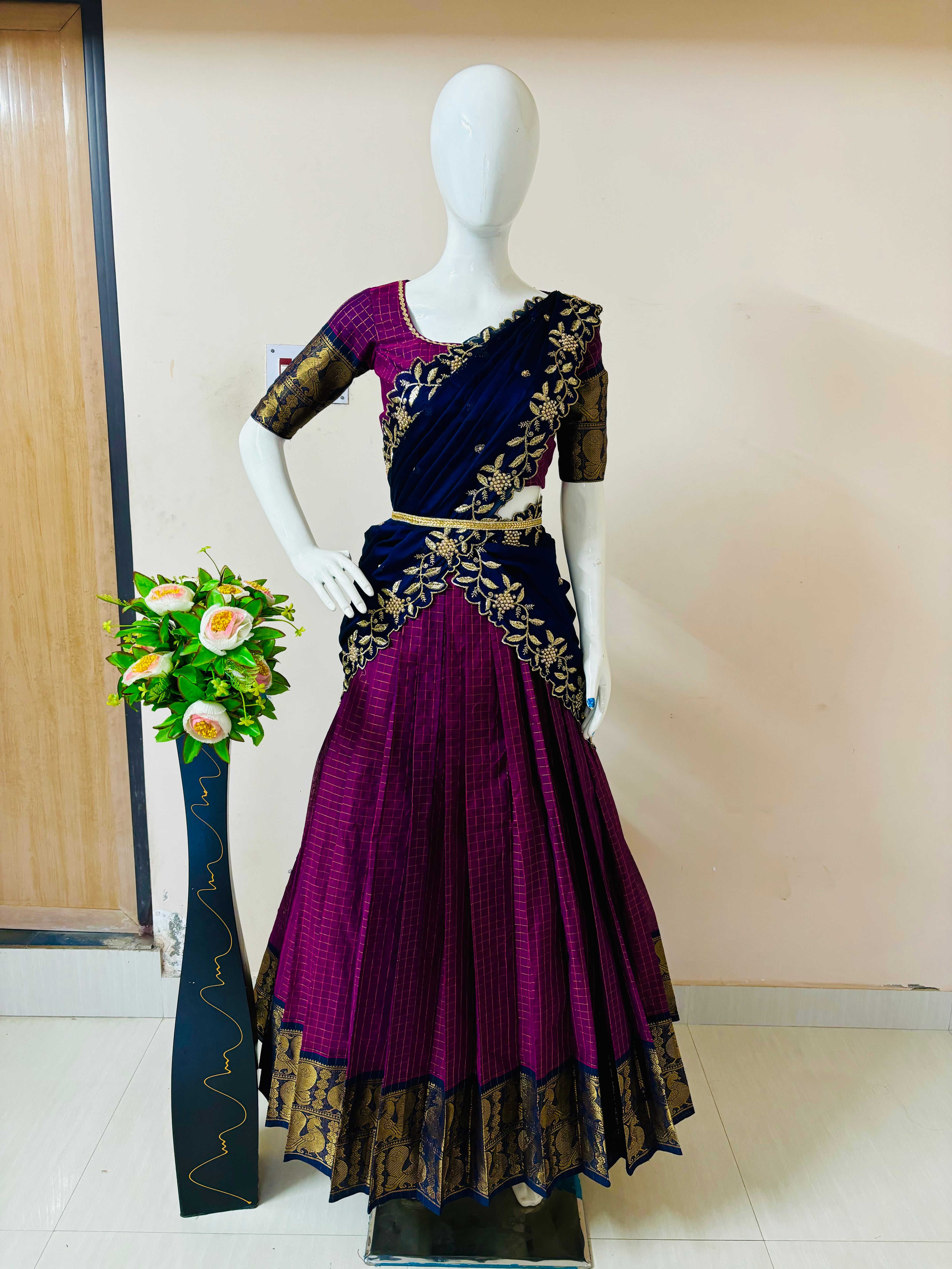 Purple & Navy Blue Designer Drape Lehenga