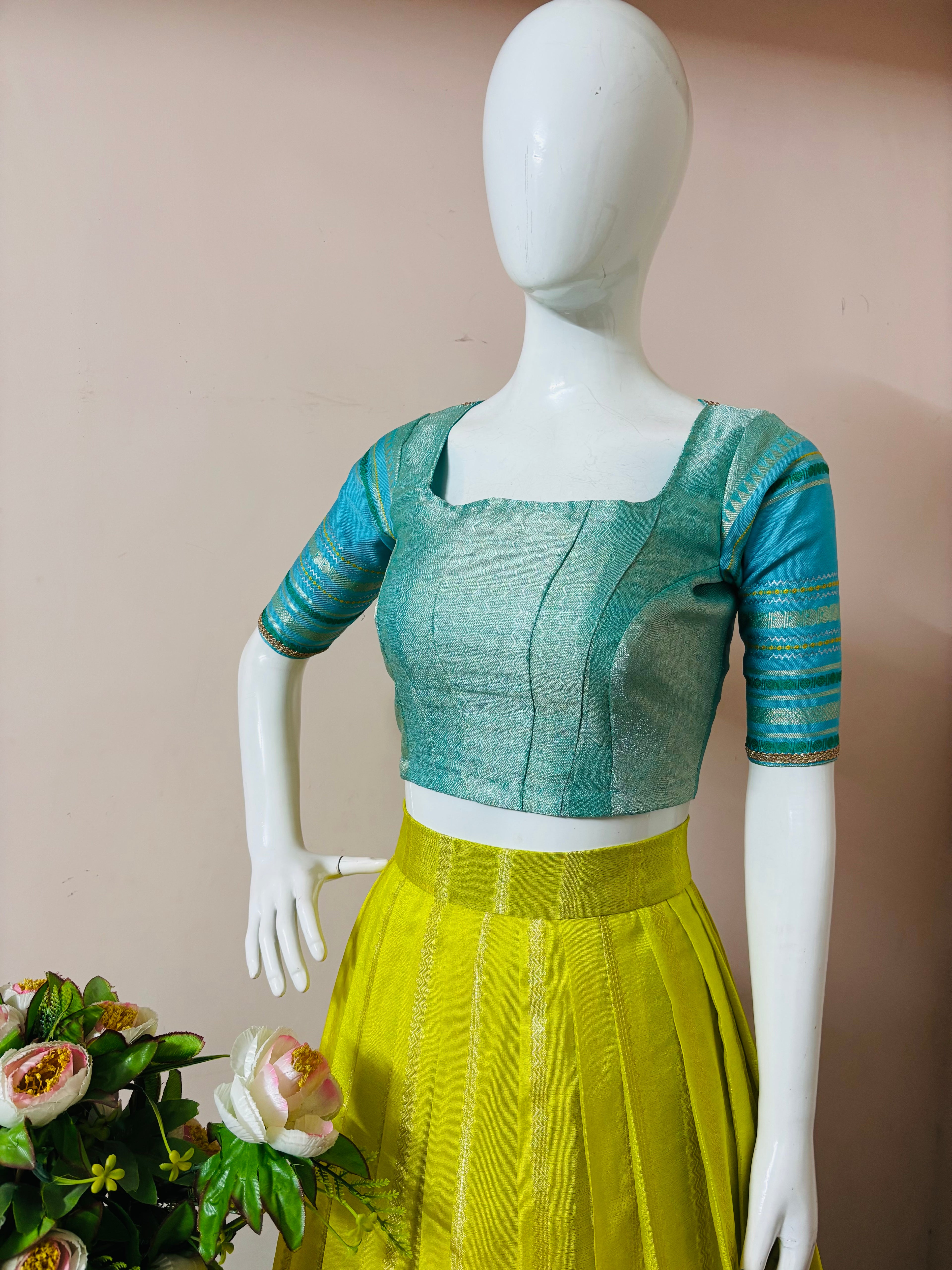 Lime Green Crop Top & Pleated Skirt Set