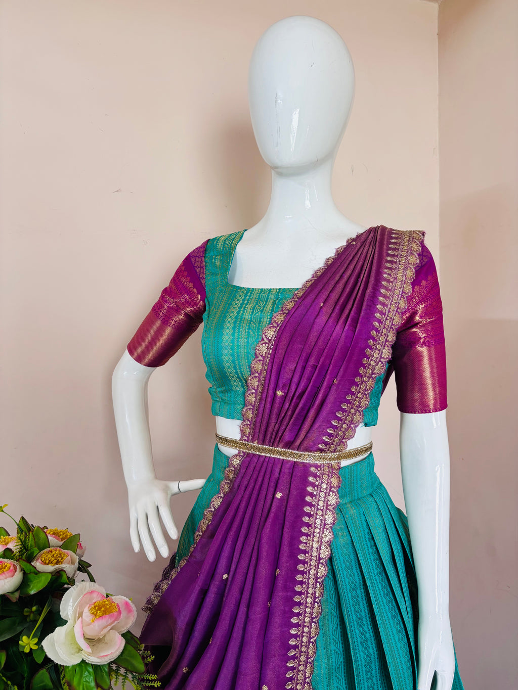 Peacock Blue & Purple Saree Style Lehenga