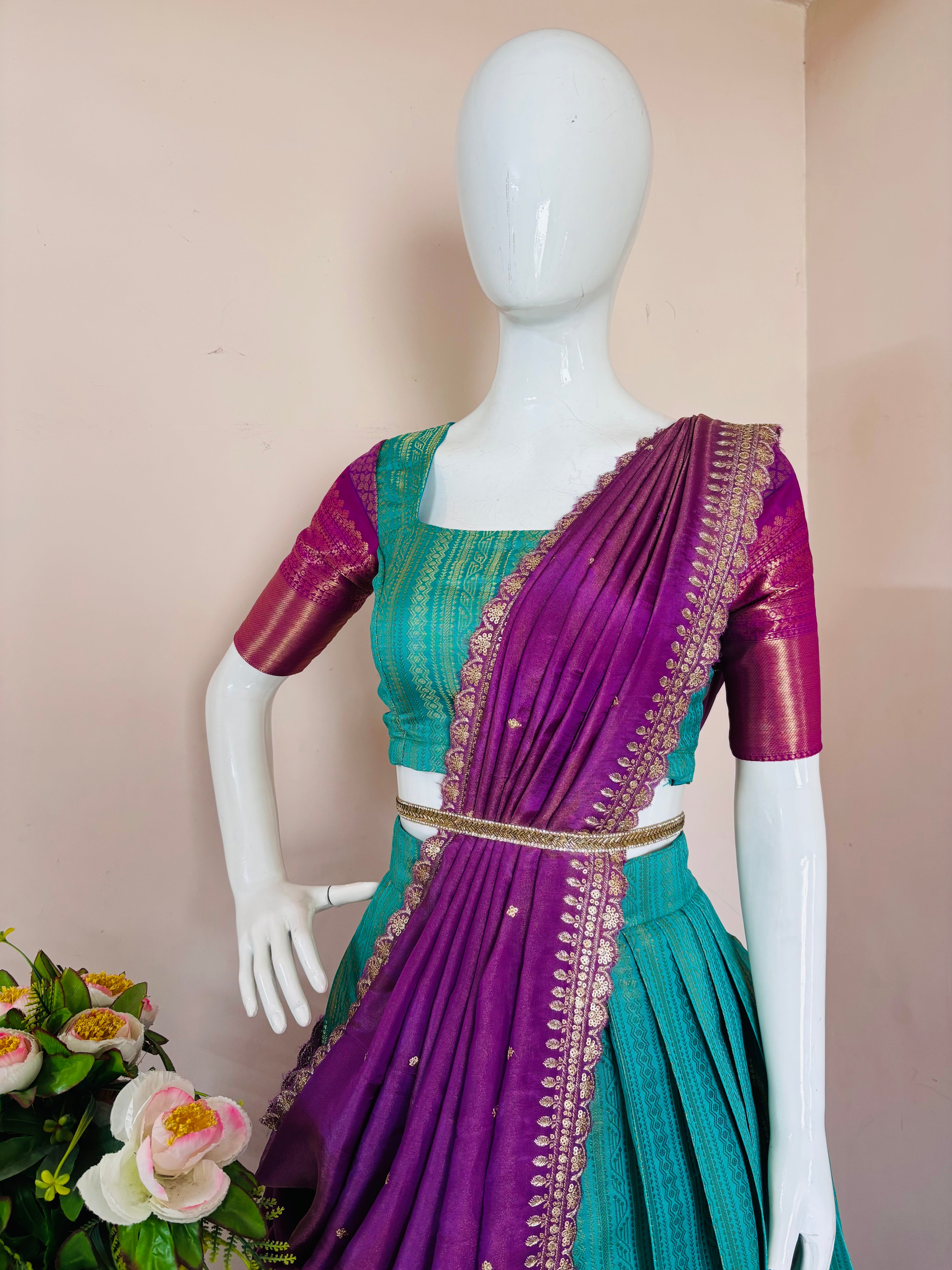 Peacock Blue & Purple Saree Style Lehenga