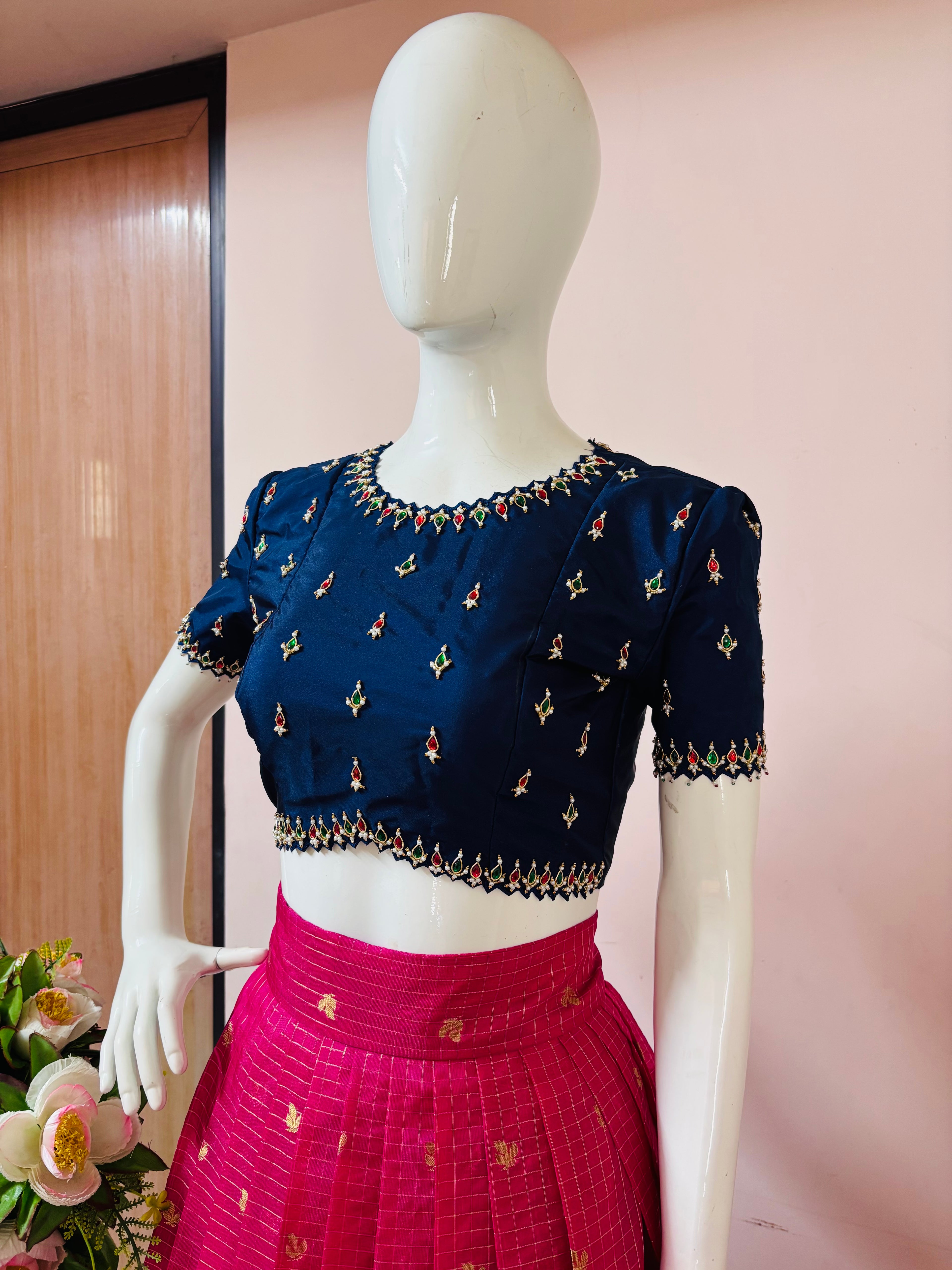 Fuchsia Pink & Navy Blue CropTop Set