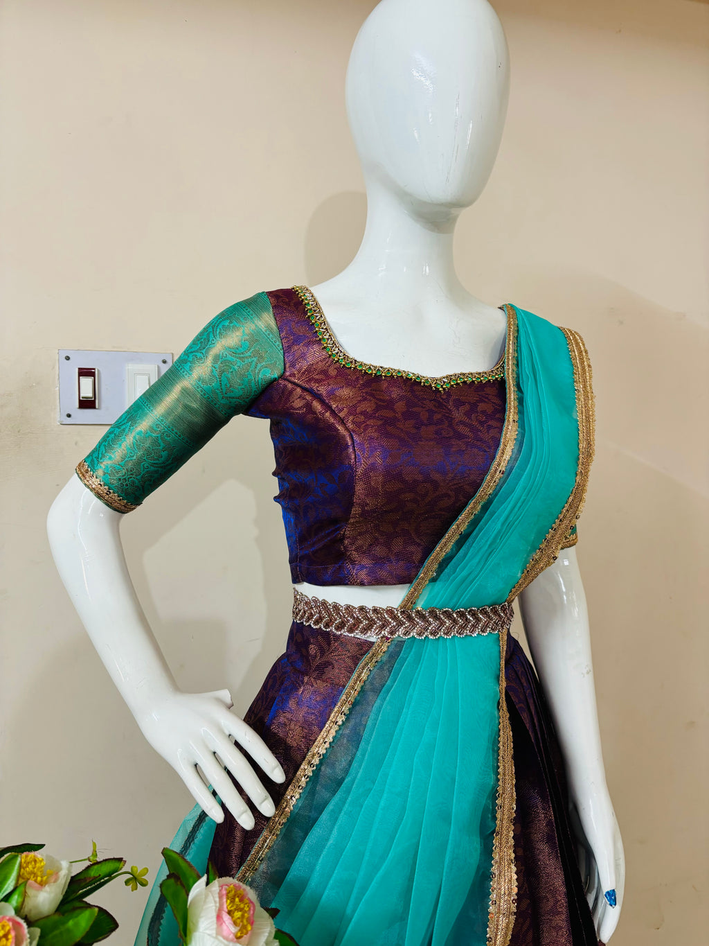 Royal Purple & Aqua Saree Style Designer Lehenga