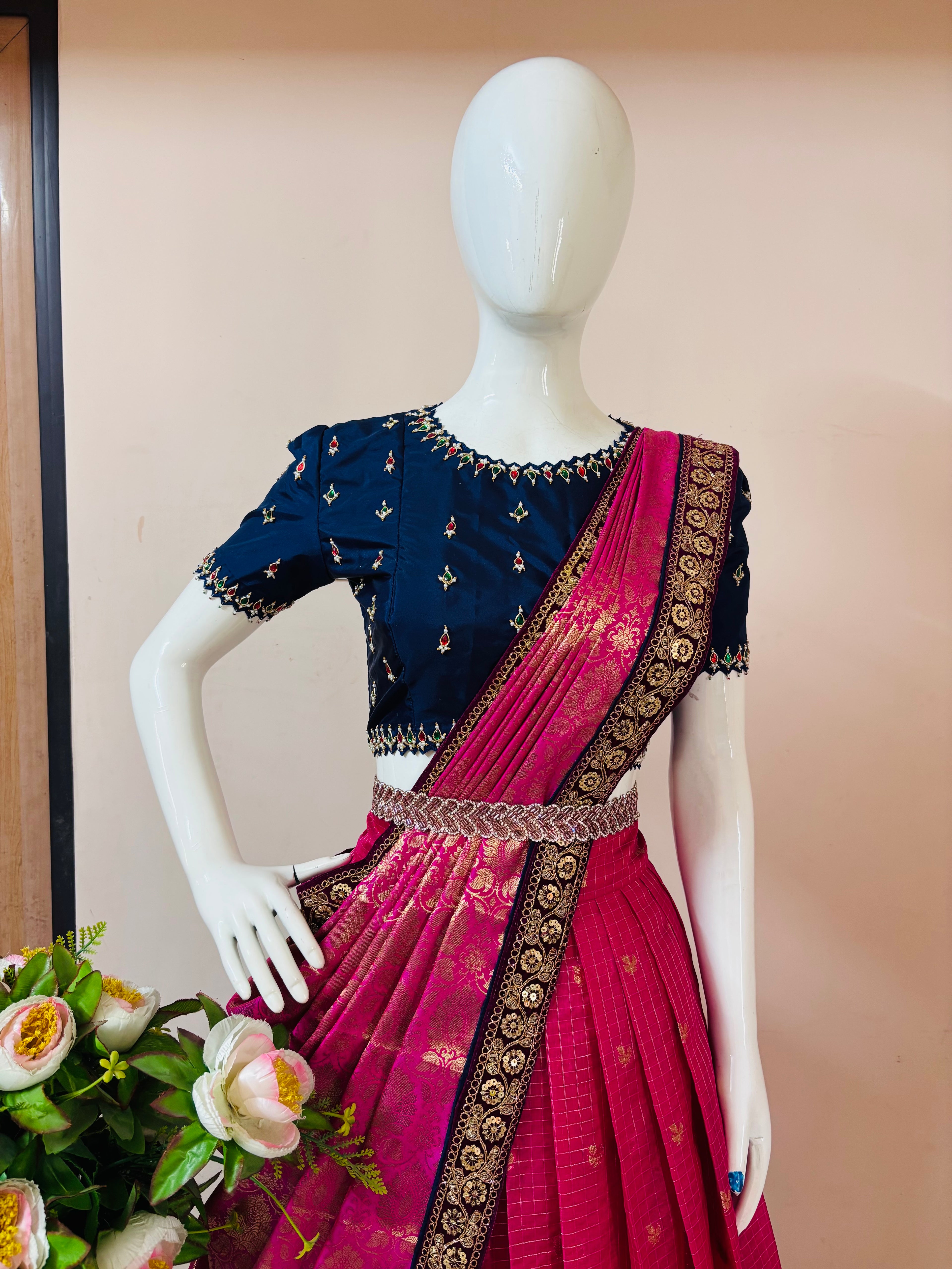 Pink & Navy Blue Designer Wedding Lehenga