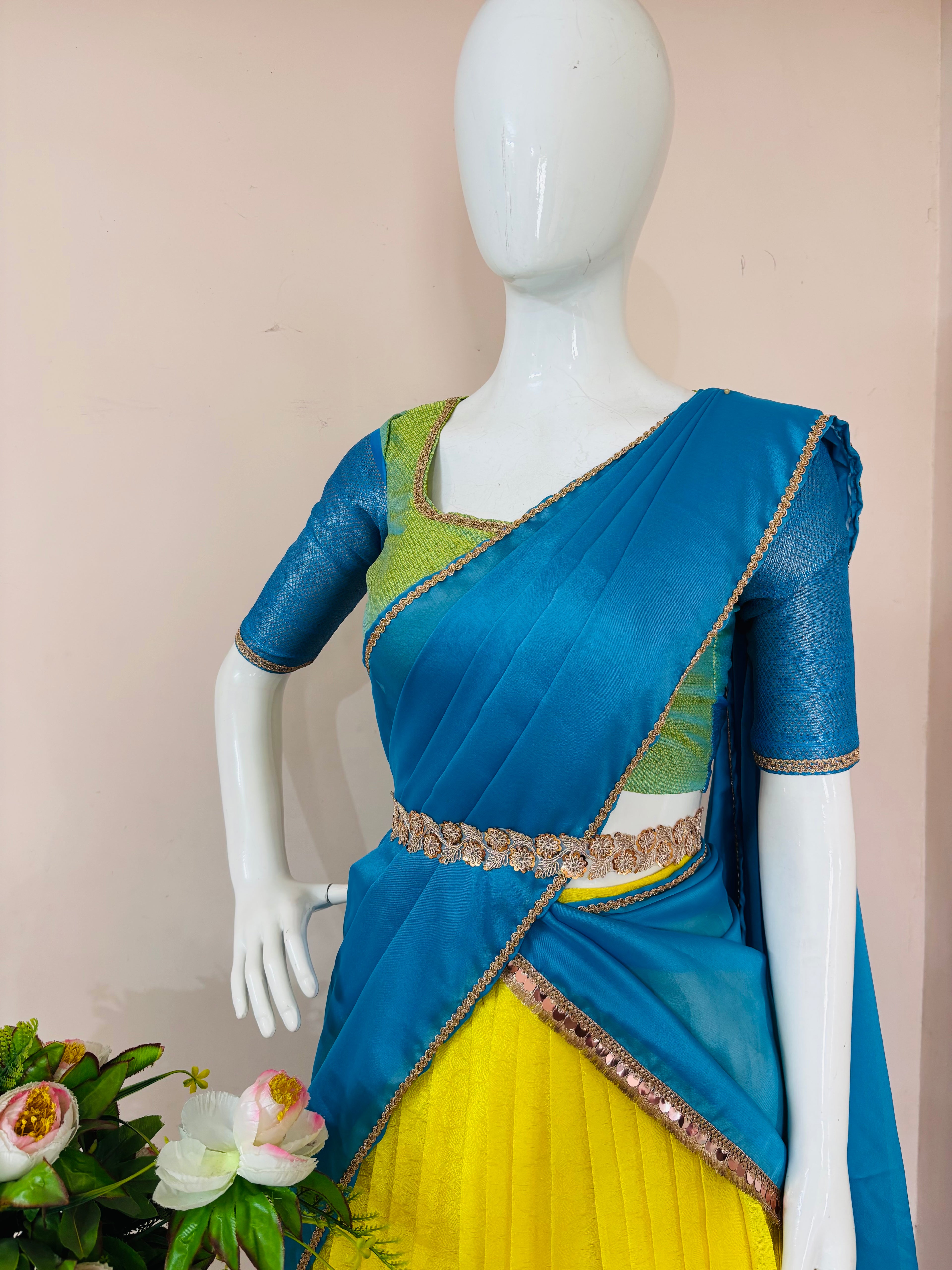 Royal Blue & Yellow Saree-to-Lehenga Set