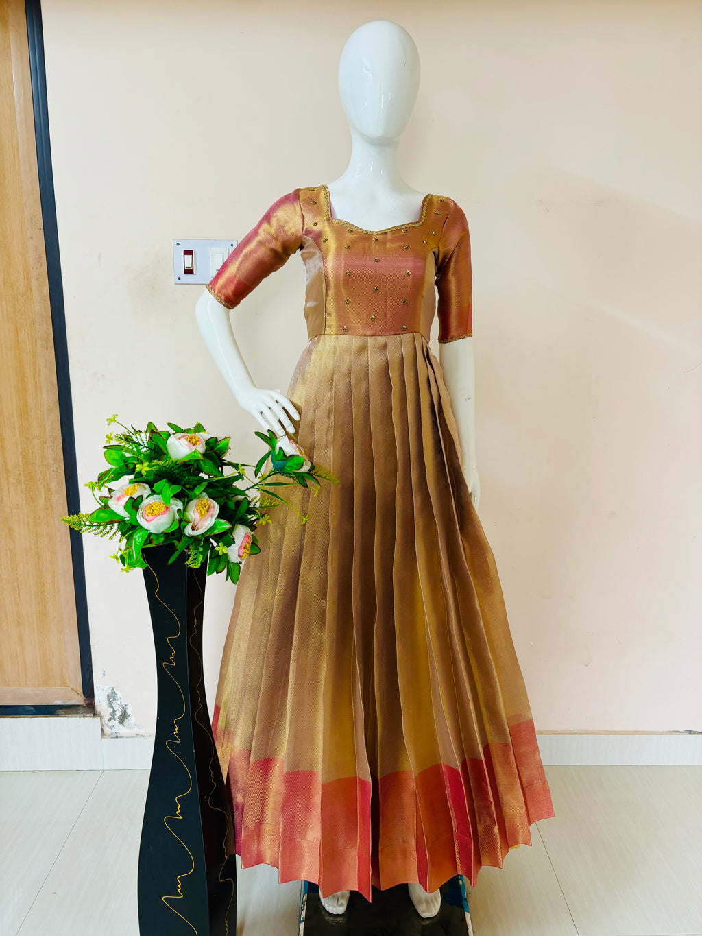 Champagne Gold Designer Pleated Anarkali Gown