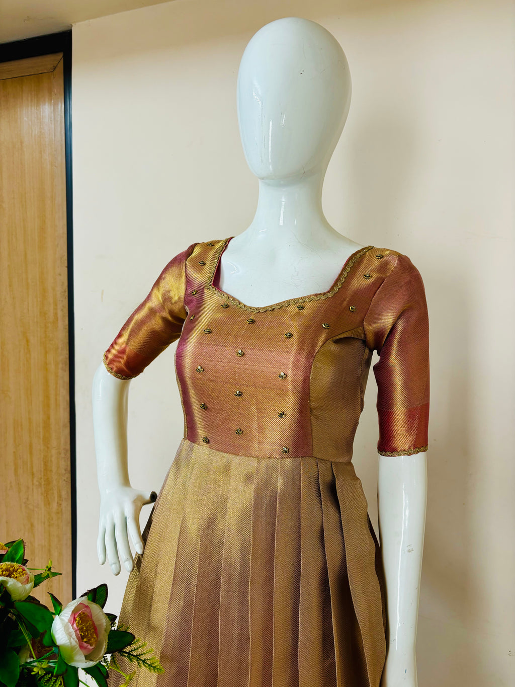 Champagne Gold Designer Pleated Anarkali Gown