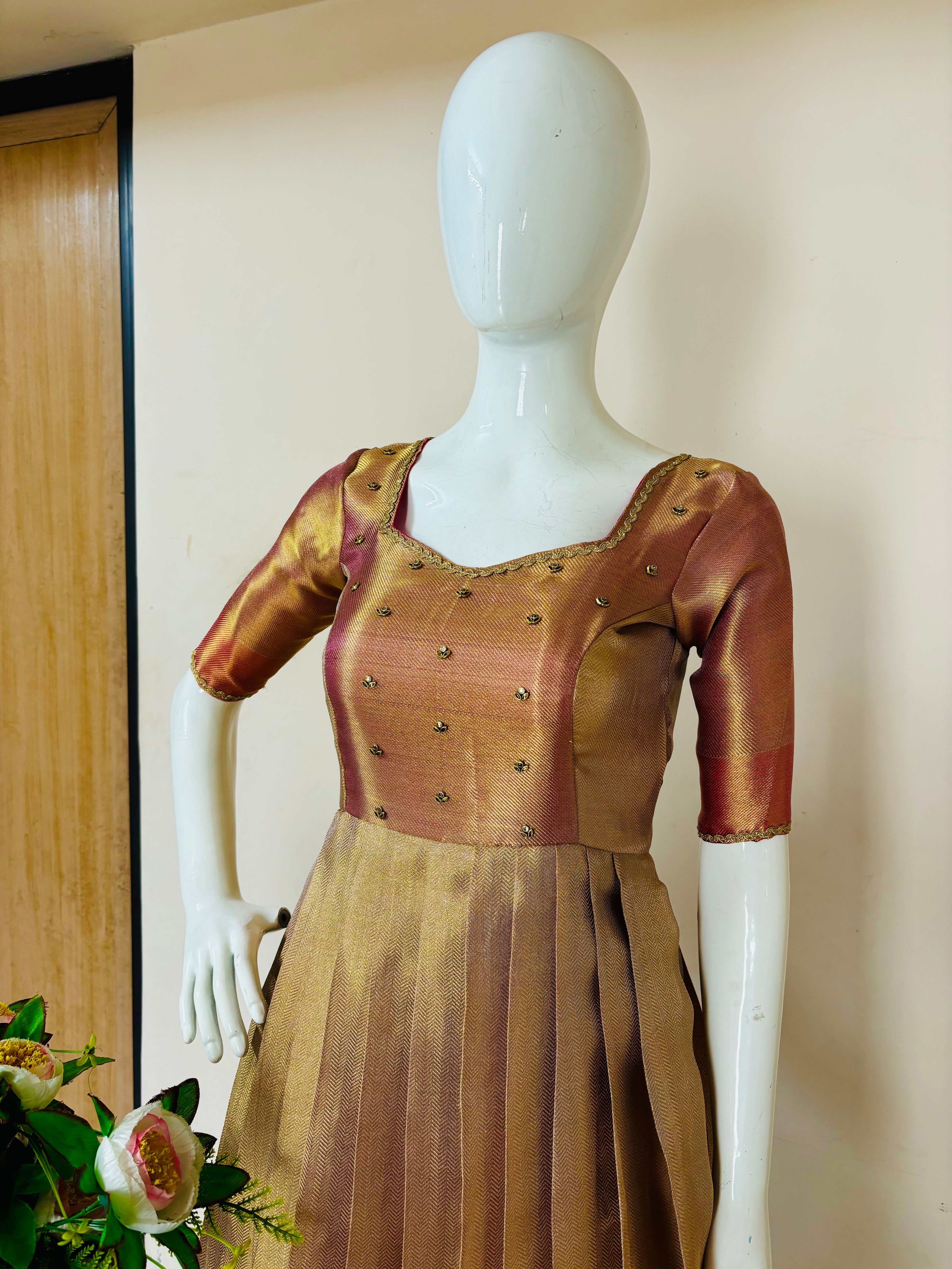 Champagne Gold Designer Pleated Anarkali Gown