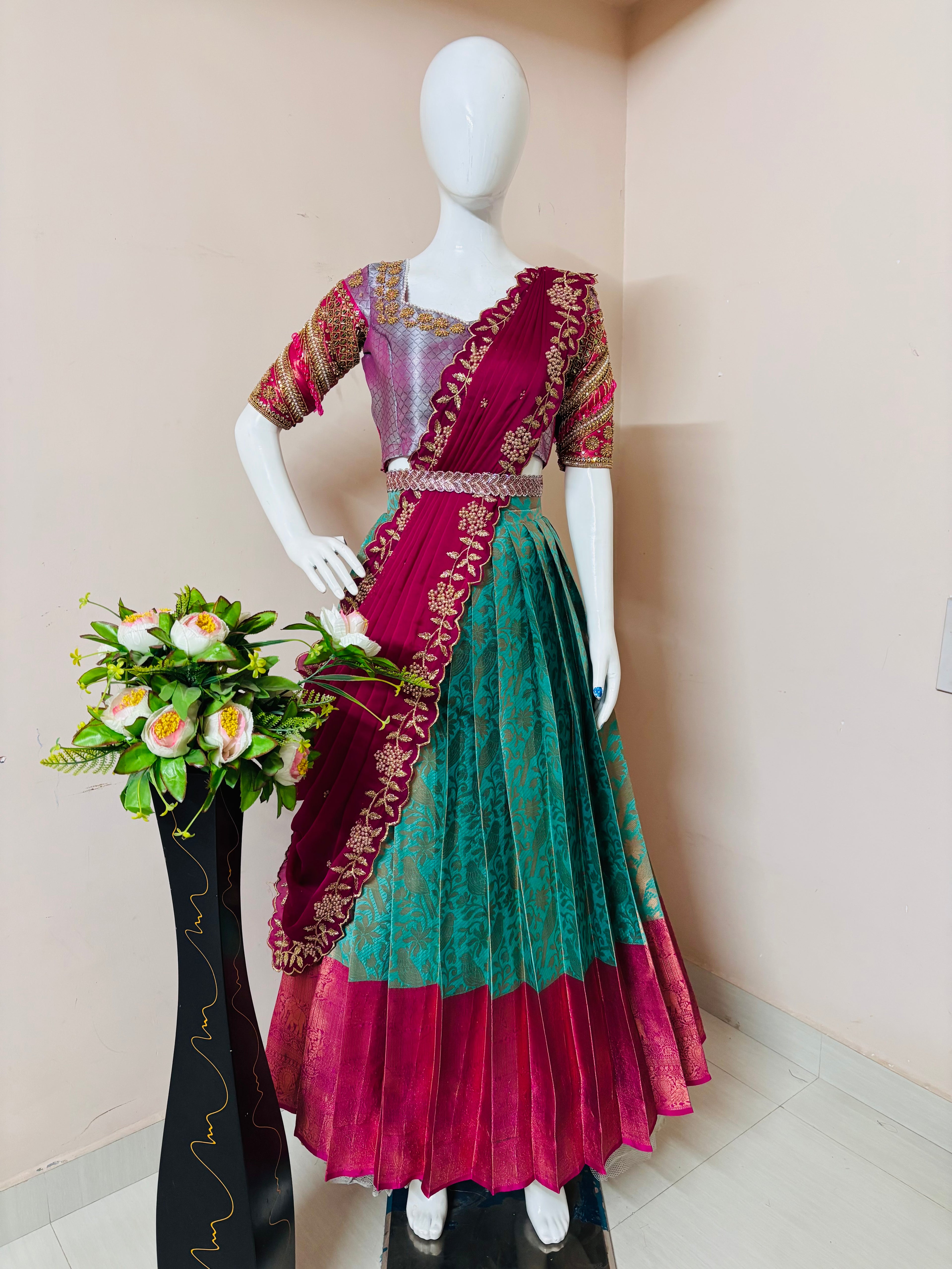 Teal & Magenta Saree Style Designer Lehenga