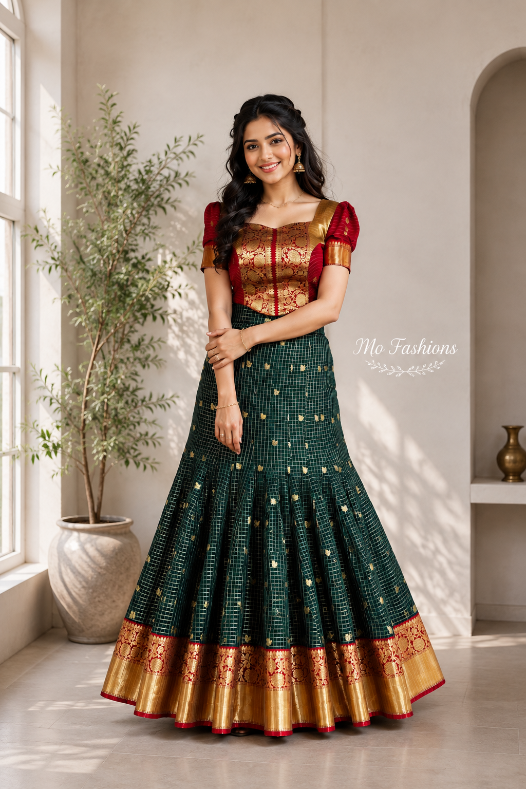 Emerald Green and Ruby Red Designer Crop Top Skirt