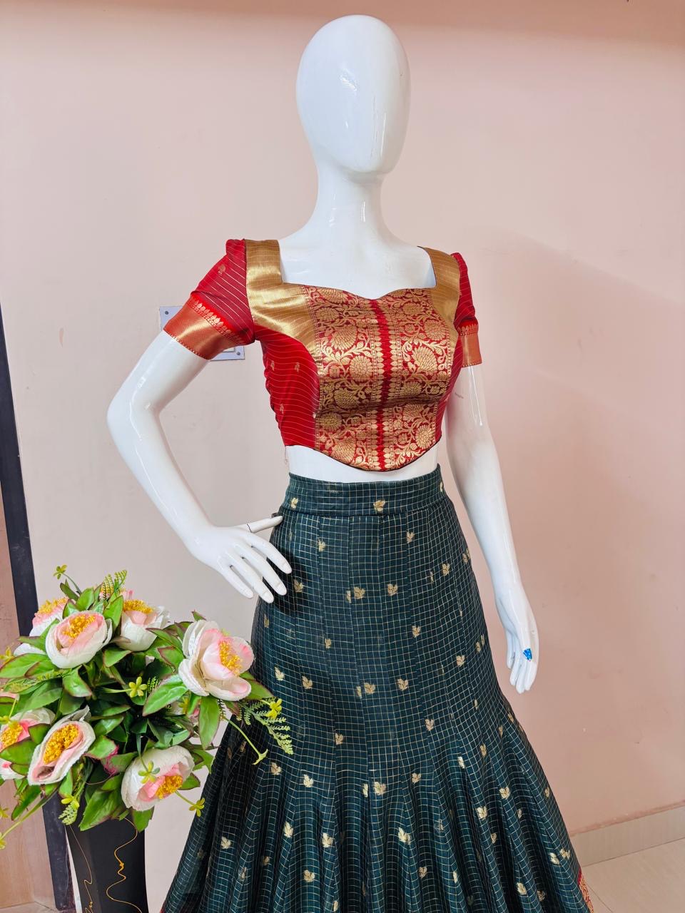 Emerald Green and Ruby Red Designer Crop Top Skirt