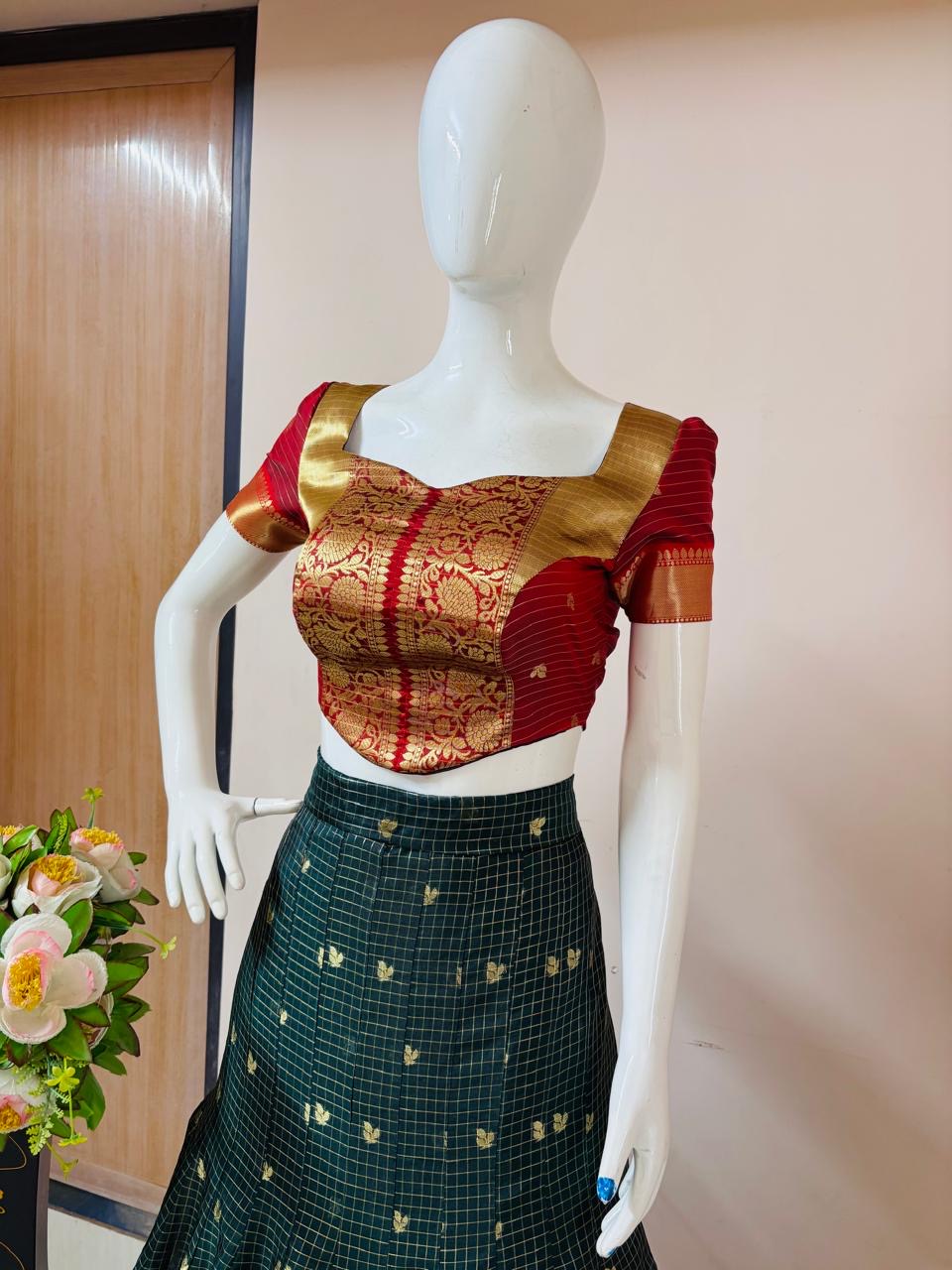 Emerald Green and Ruby Red Designer Crop Top Skirt