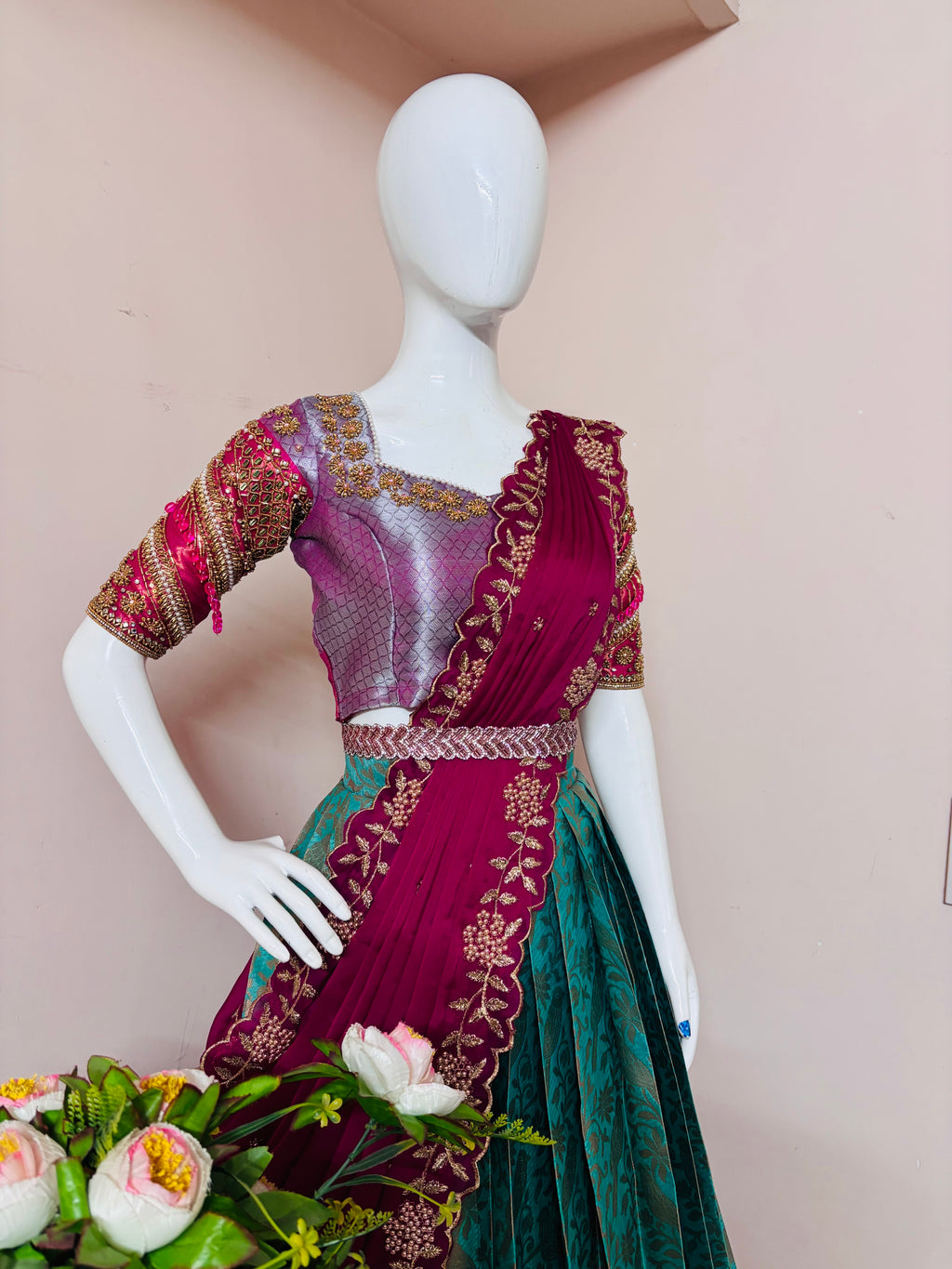 Teal & Magenta Saree Style Designer Lehenga