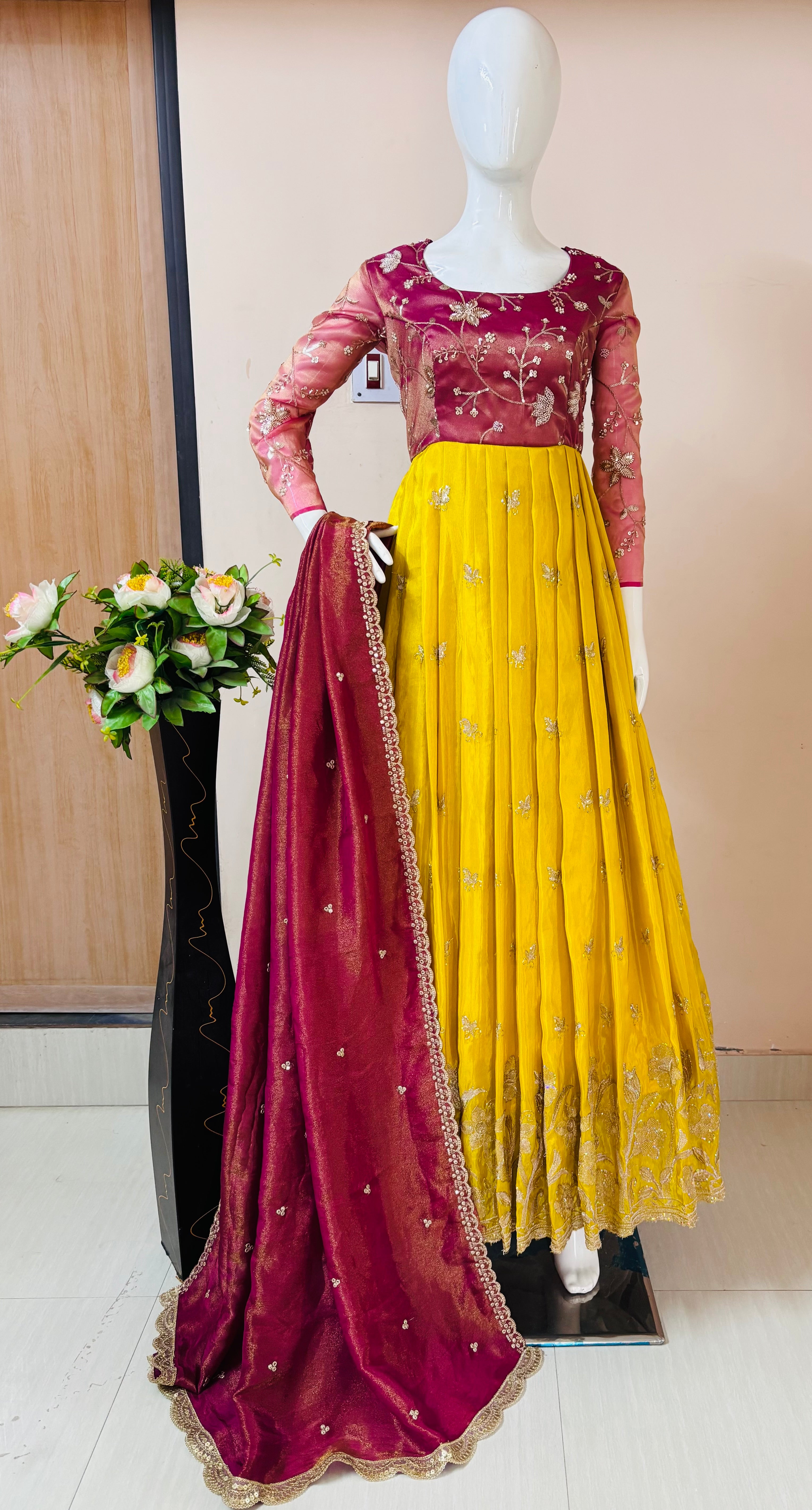 Mustard Yellow & Magenta Party Wear