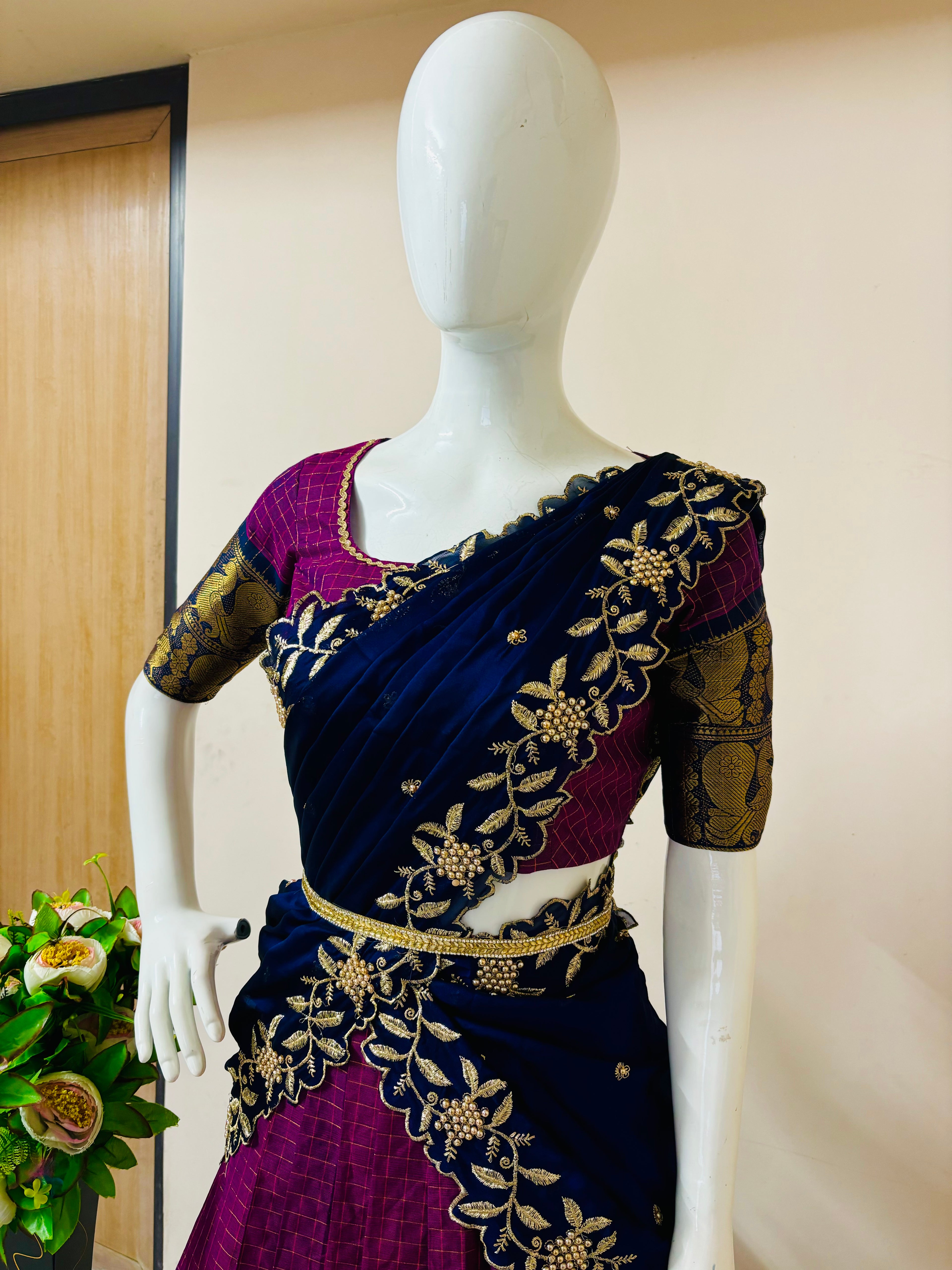 Purple & Navy Blue Designer Drape Lehenga