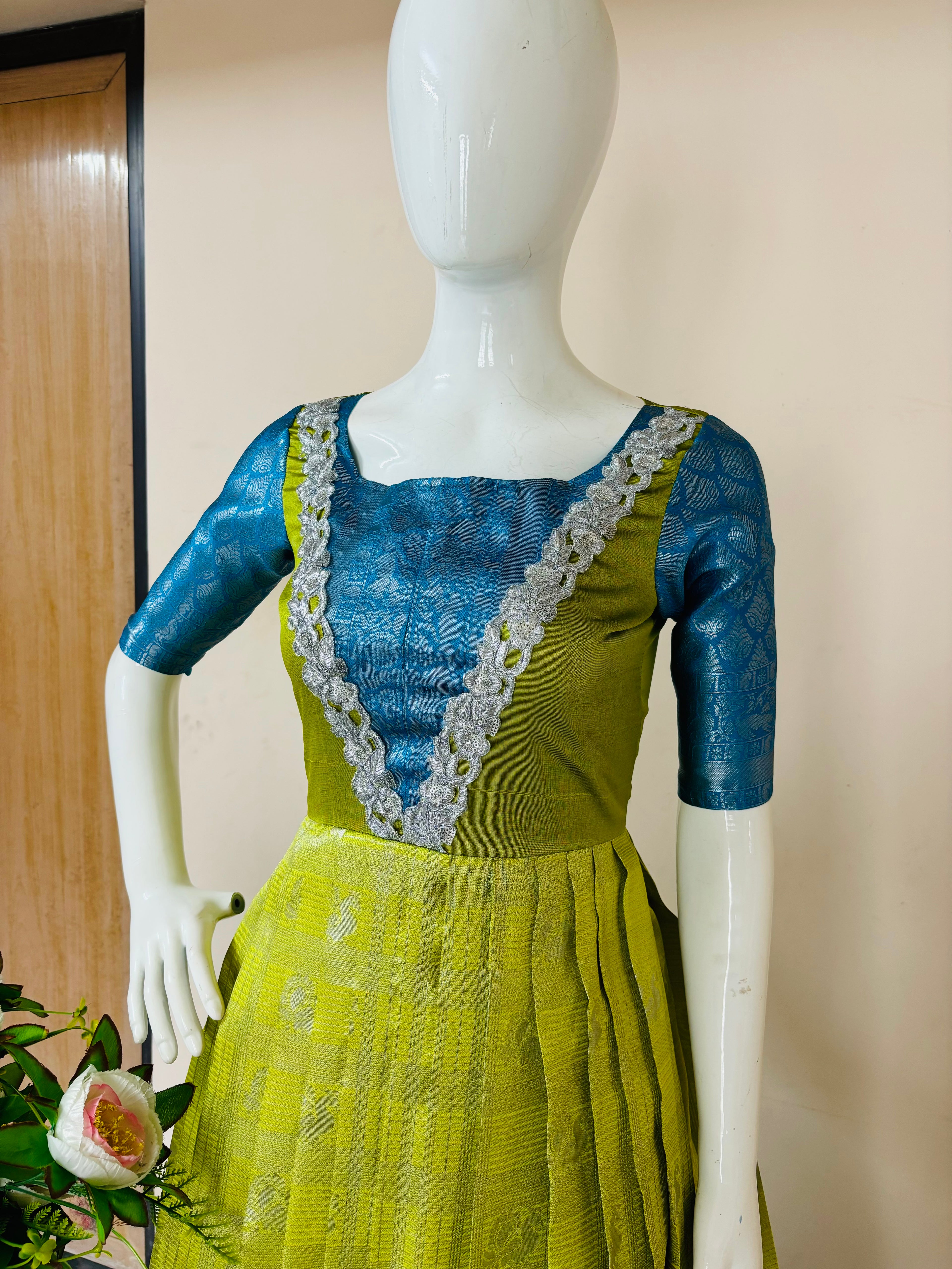 Lime Green & Royal Blue Designer Anarkali