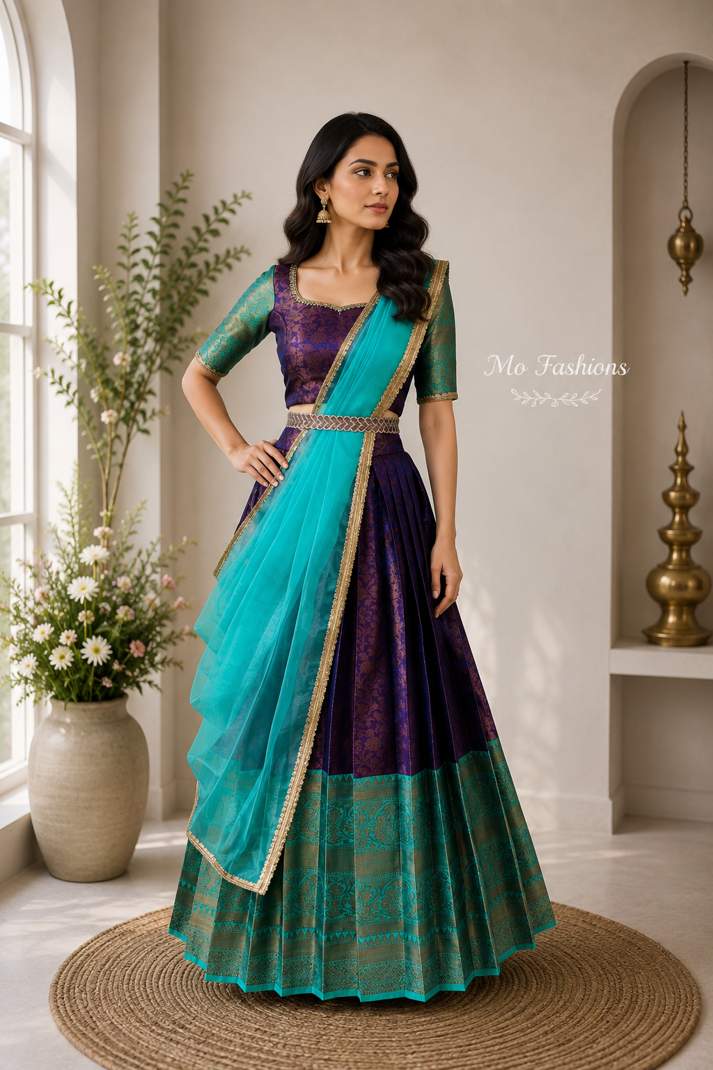 Royal Purple & Aqua Saree Style Designer Lehenga