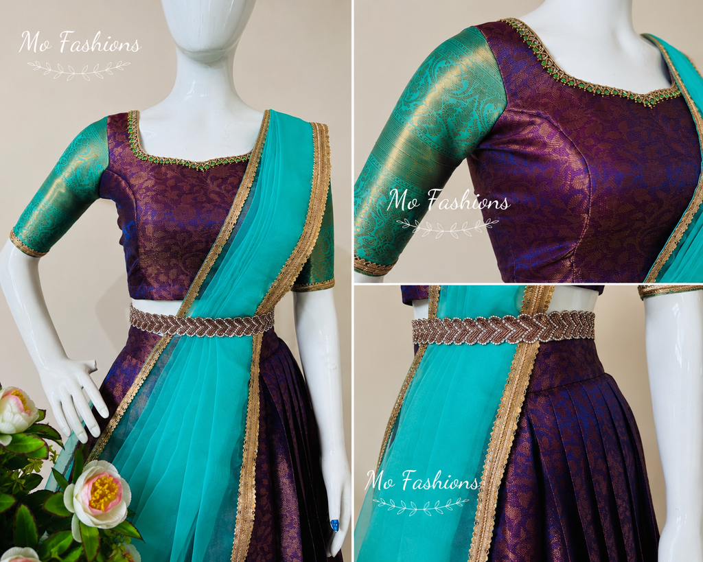 Royal Purple & Aqua Saree Style Designer Lehenga