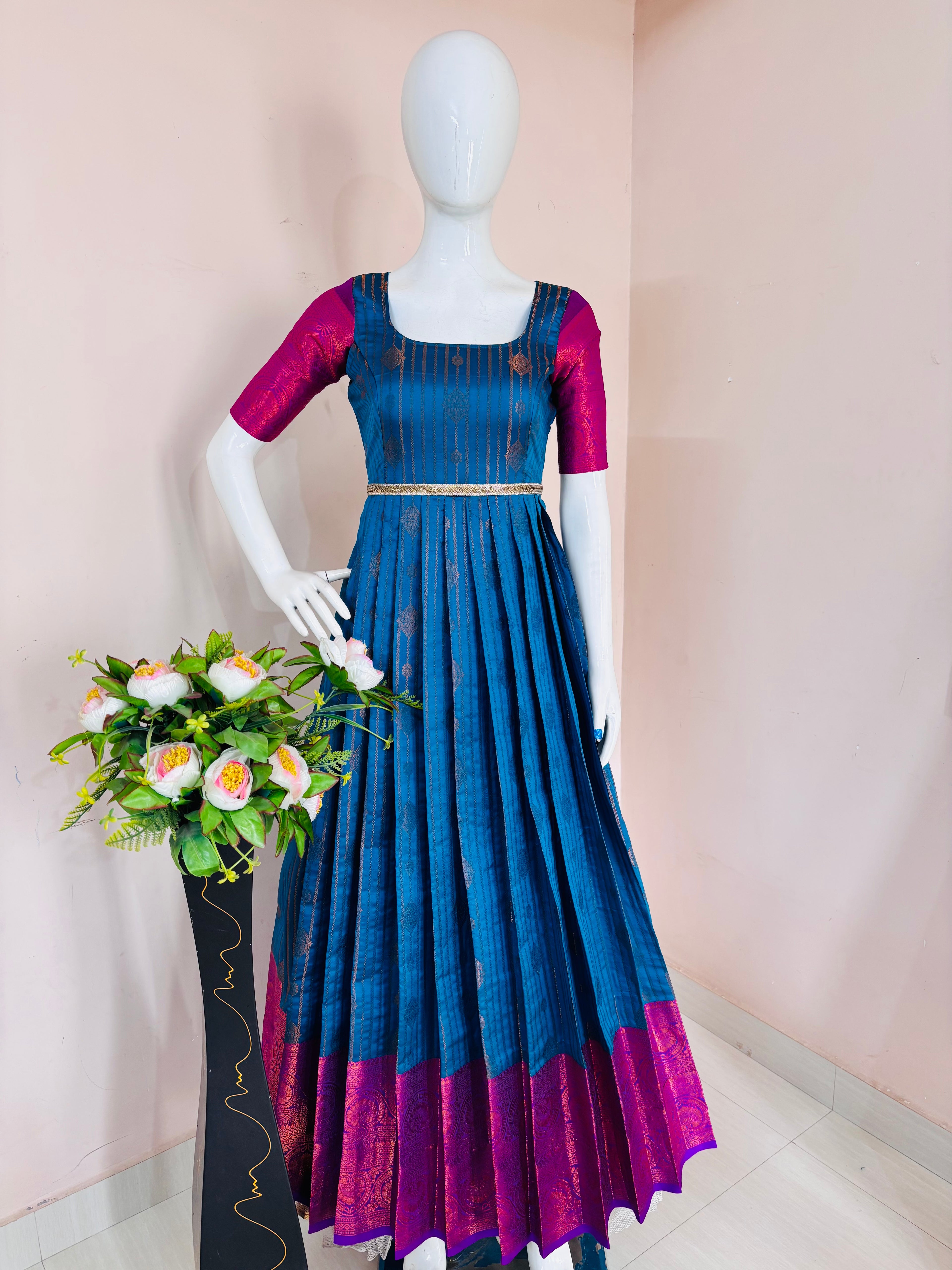 Teal Blue Saree-to-Anarkali Gown