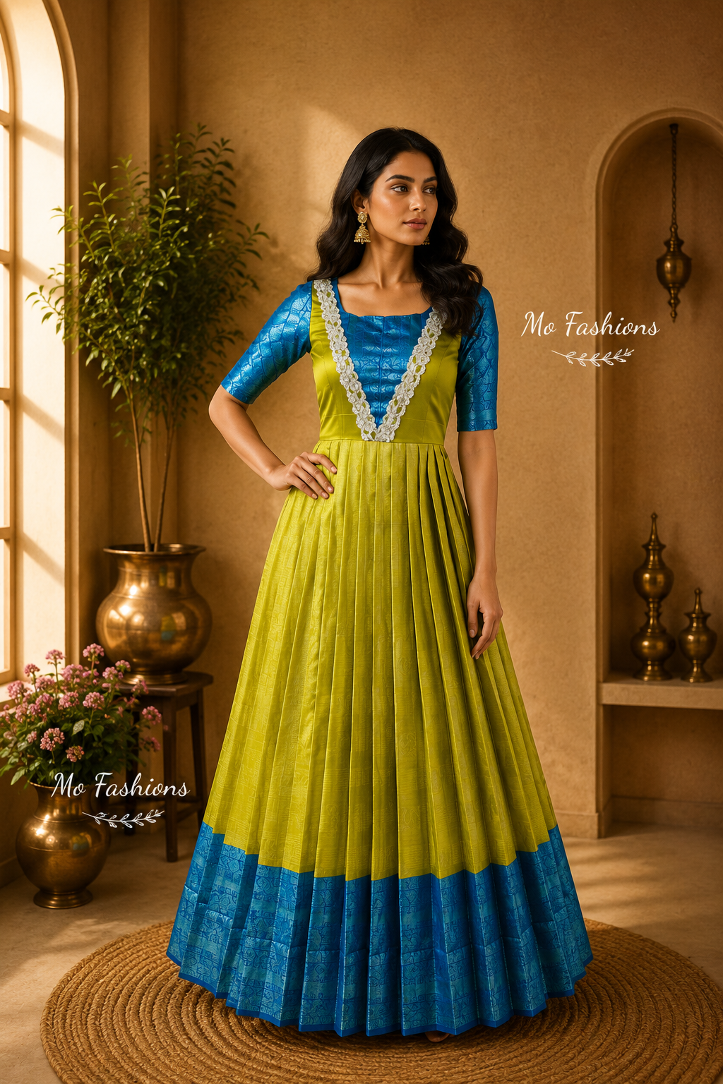 Lime Green & Royal Blue Designer Anarkali