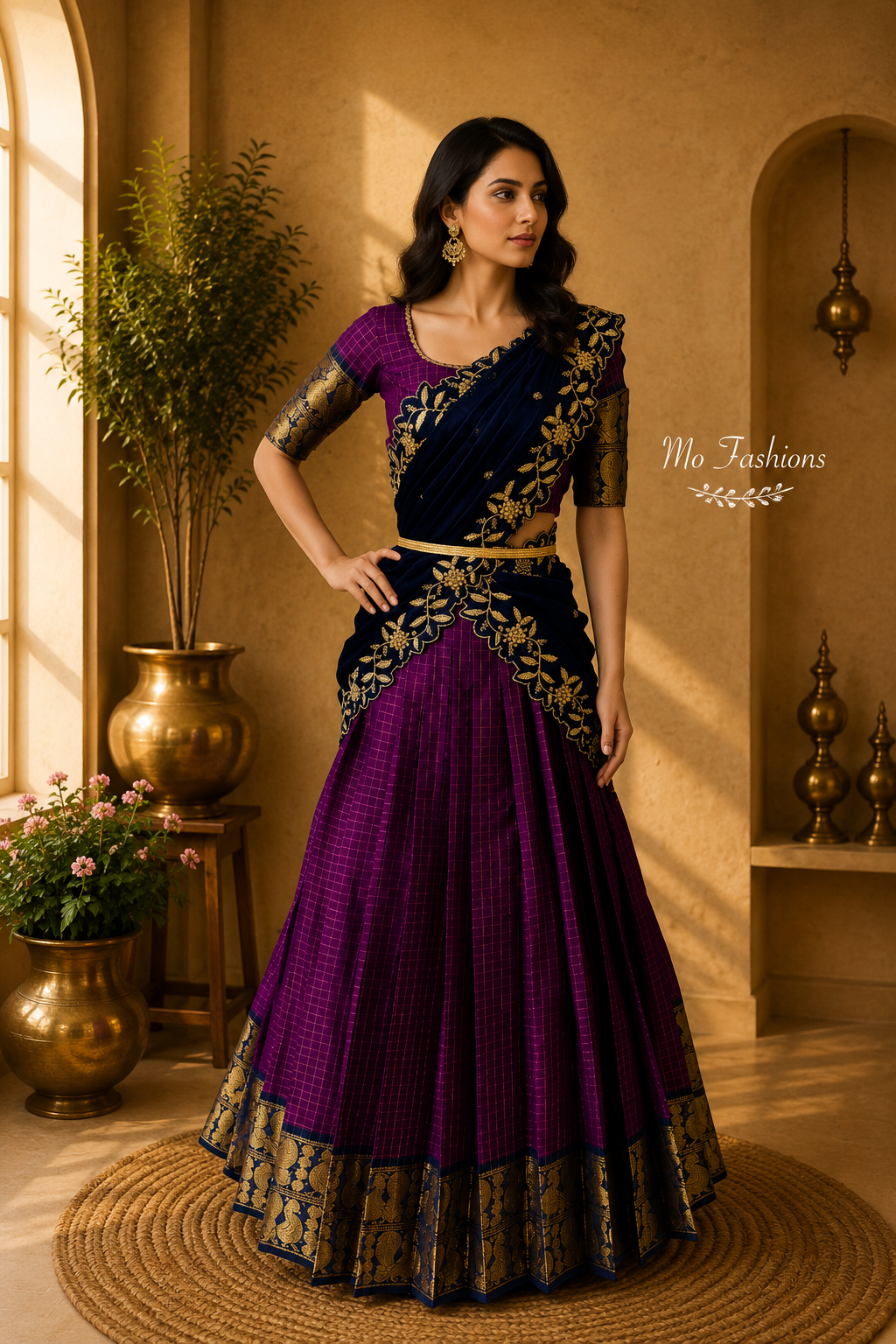 Purple & Navy Blue Designer Drape Lehenga