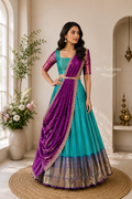 Peacock Blue & Purple Saree Style Lehenga