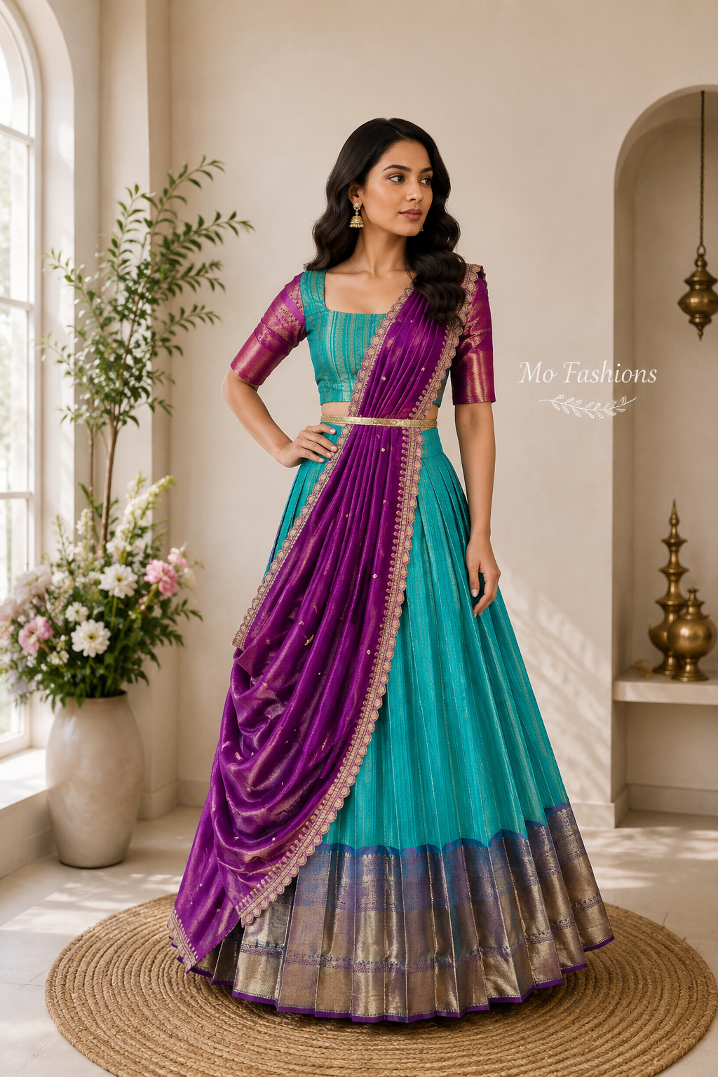 Peacock Blue & Purple Saree Style Lehenga