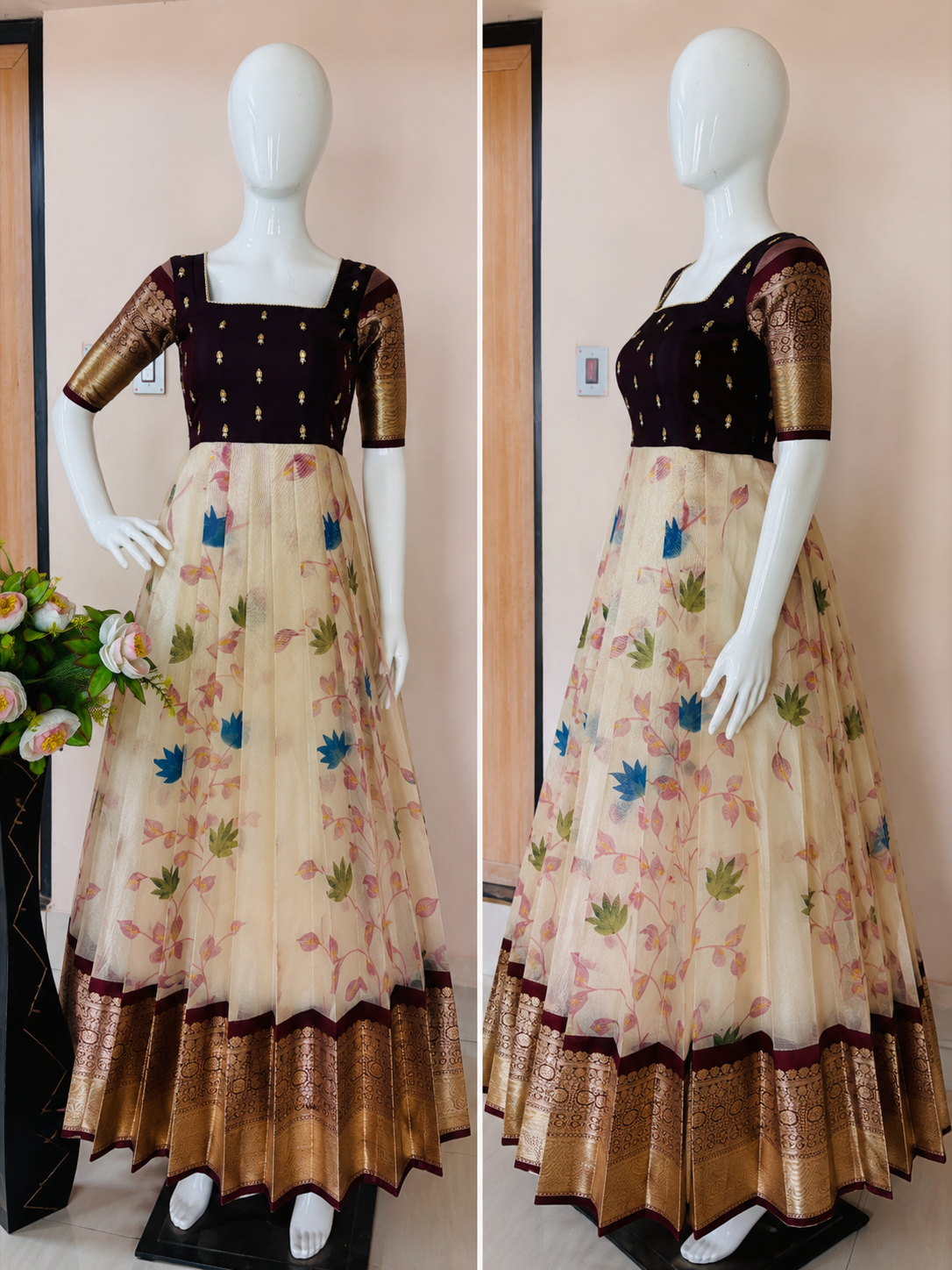Ivory Floral Saree Style Designer Anarkali