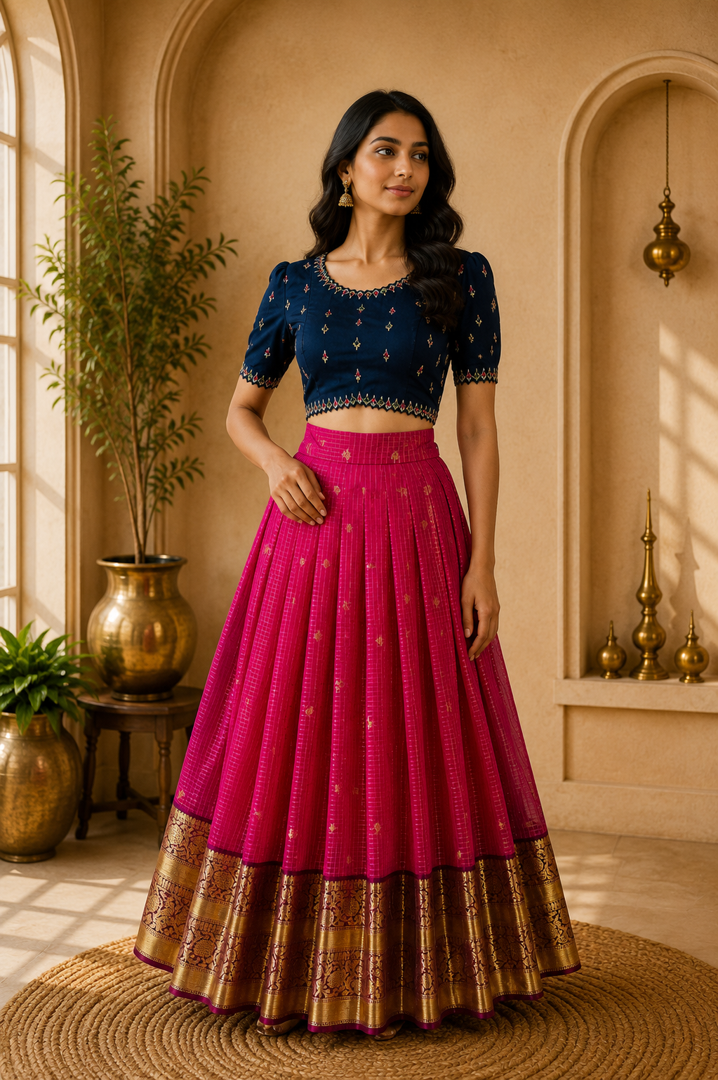Fuchsia Pink & Navy Blue CropTop Set