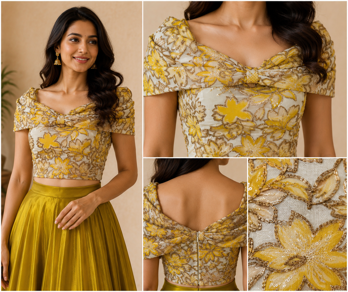 Mustard Yellow Designer Crop Top & Flared Skirt