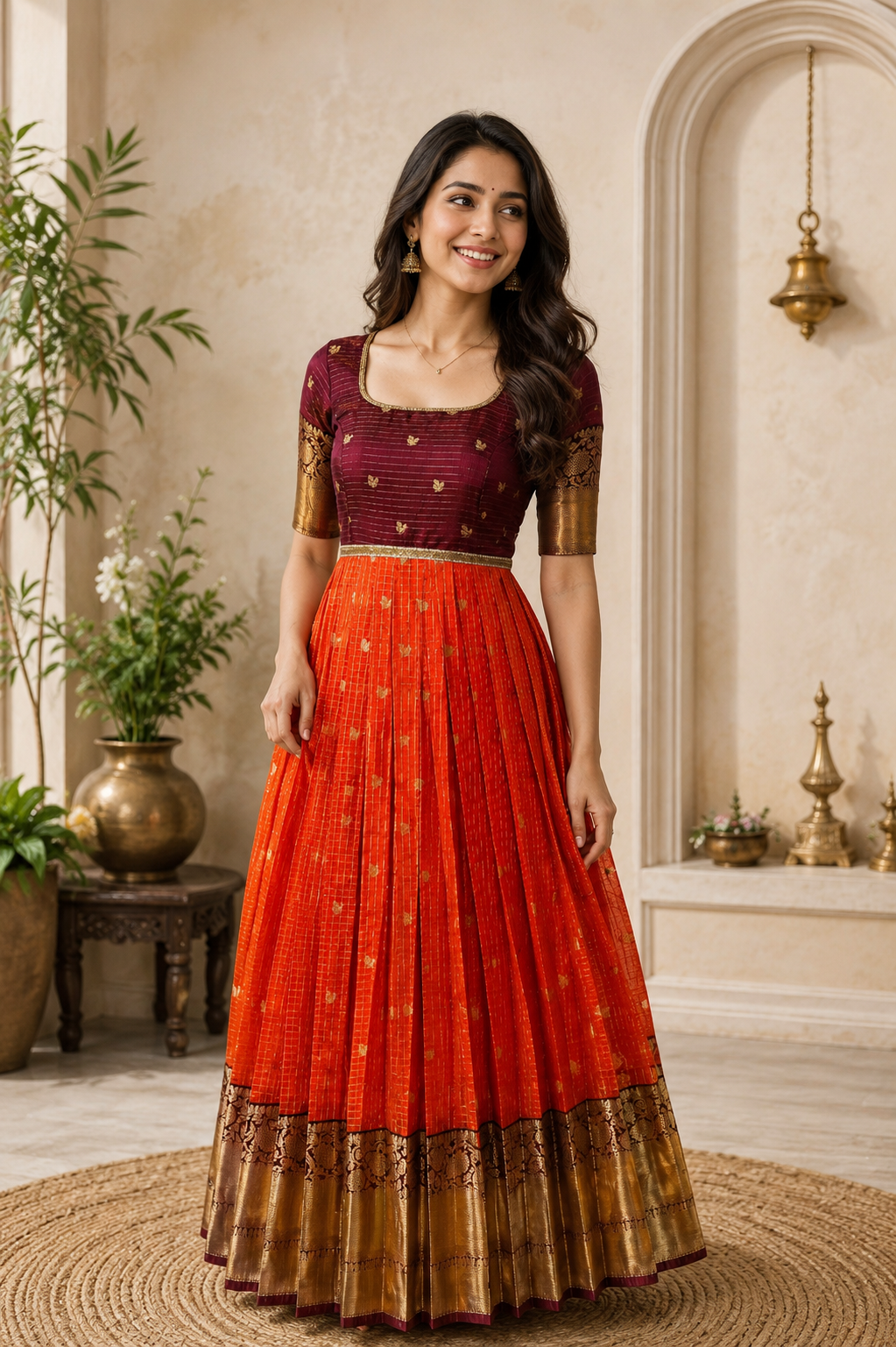 Rust Orange & Maroon Designer Anarkali