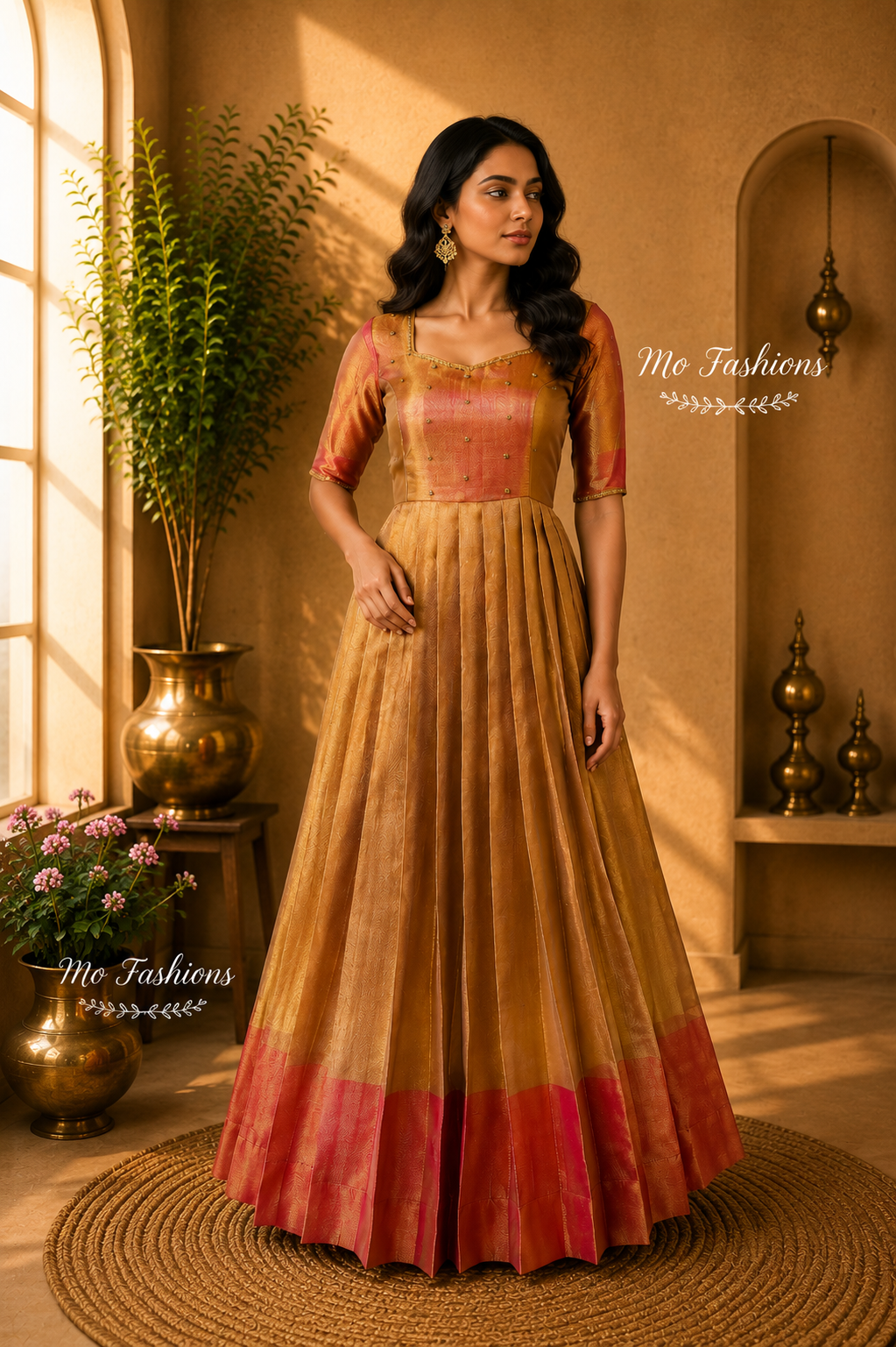 Champagne Gold Designer Pleated Anarkali Gown