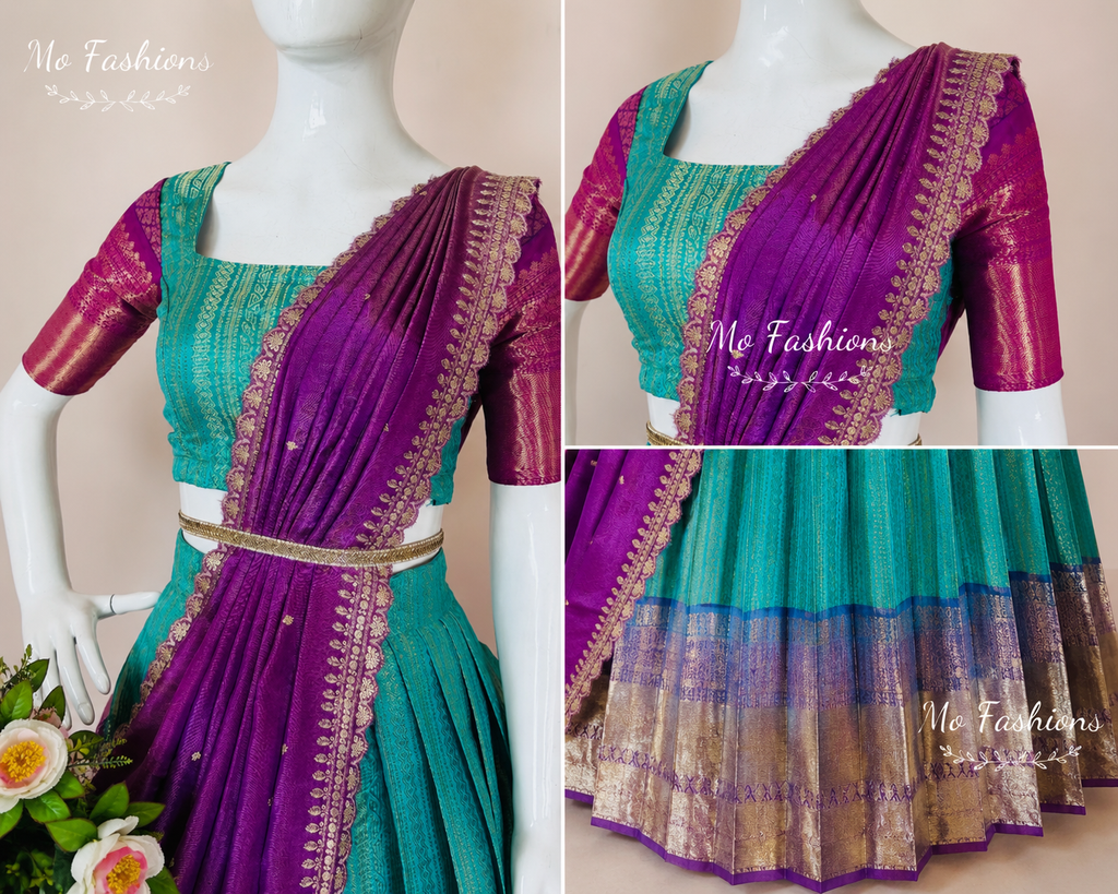 Peacock Blue & Purple Saree Style Lehenga
