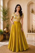 Mustard Yellow Designer Crop Top & Flared Skirt