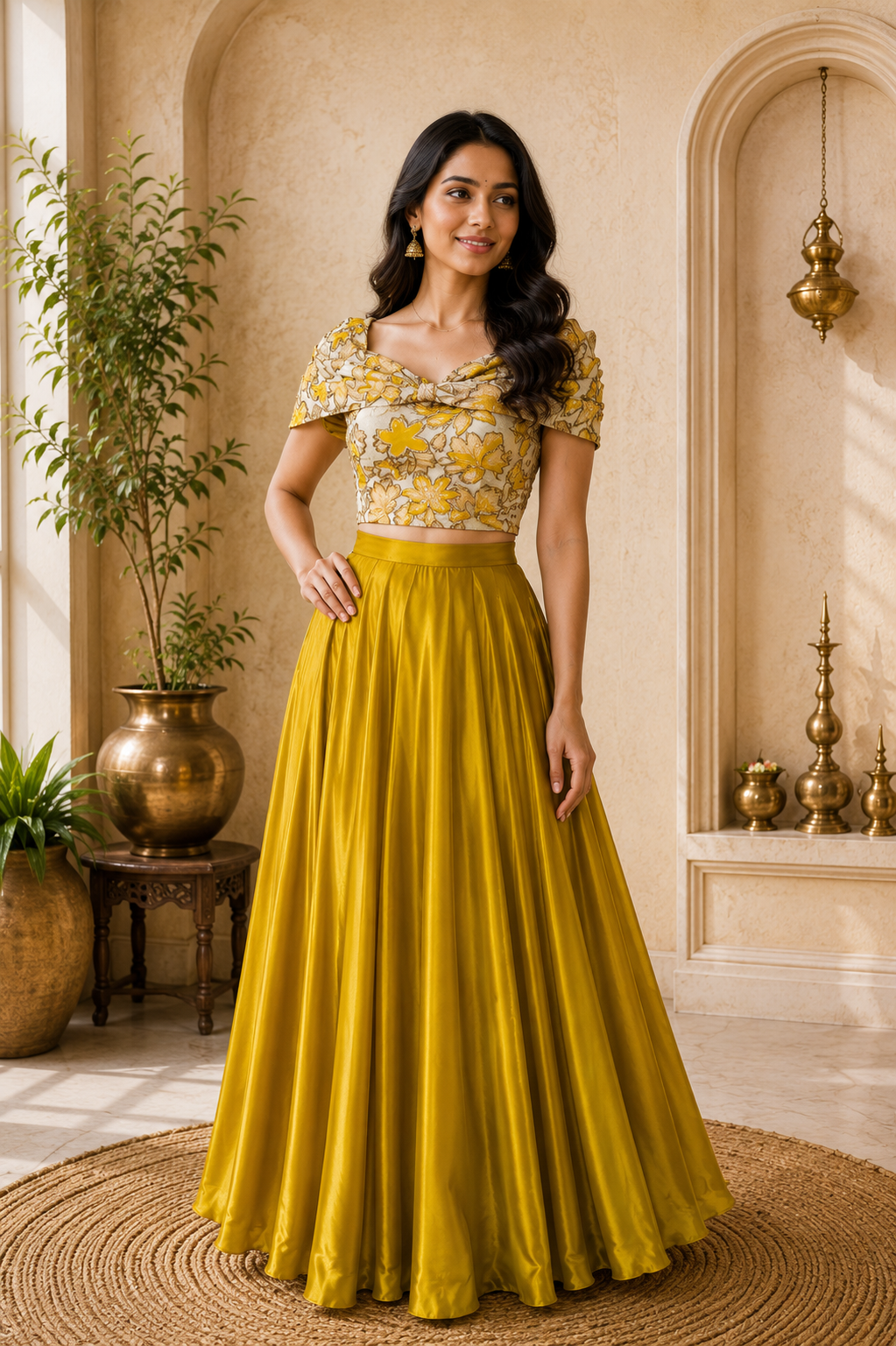 Mustard Yellow Designer Crop Top & Flared Skirt