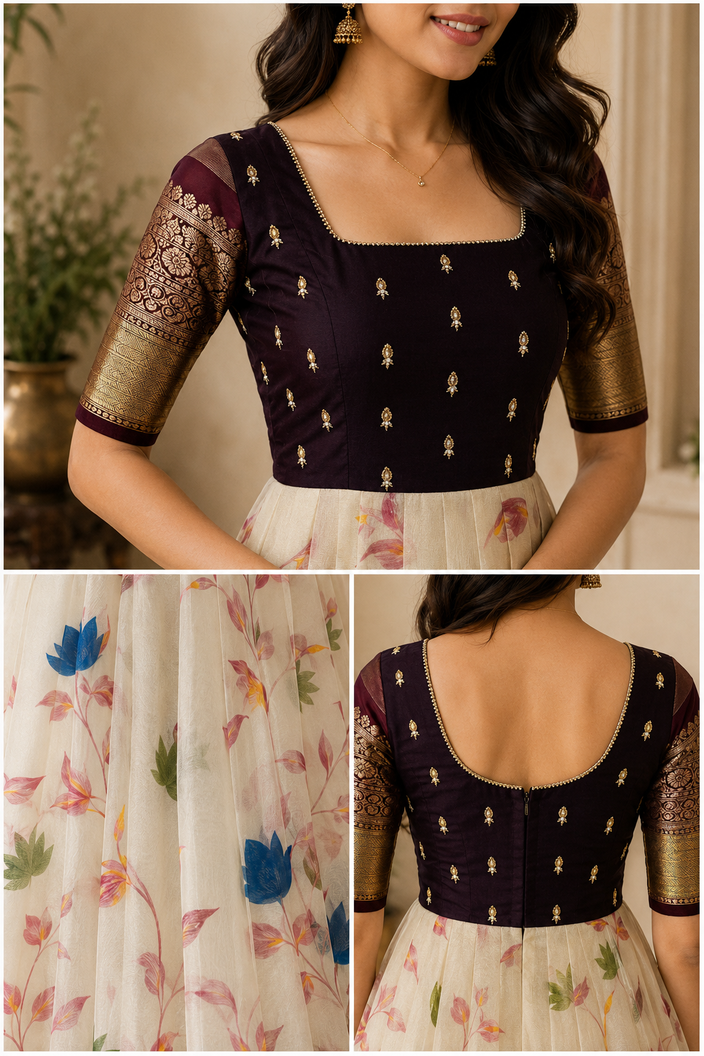 Ivory Floral Saree Style Designer Anarkali