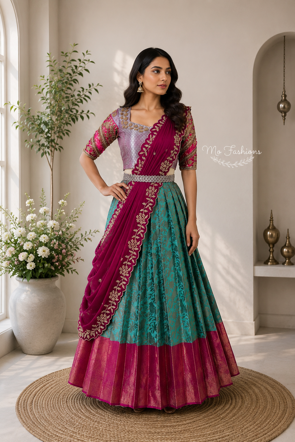 Teal & Magenta Saree Style Designer Lehenga