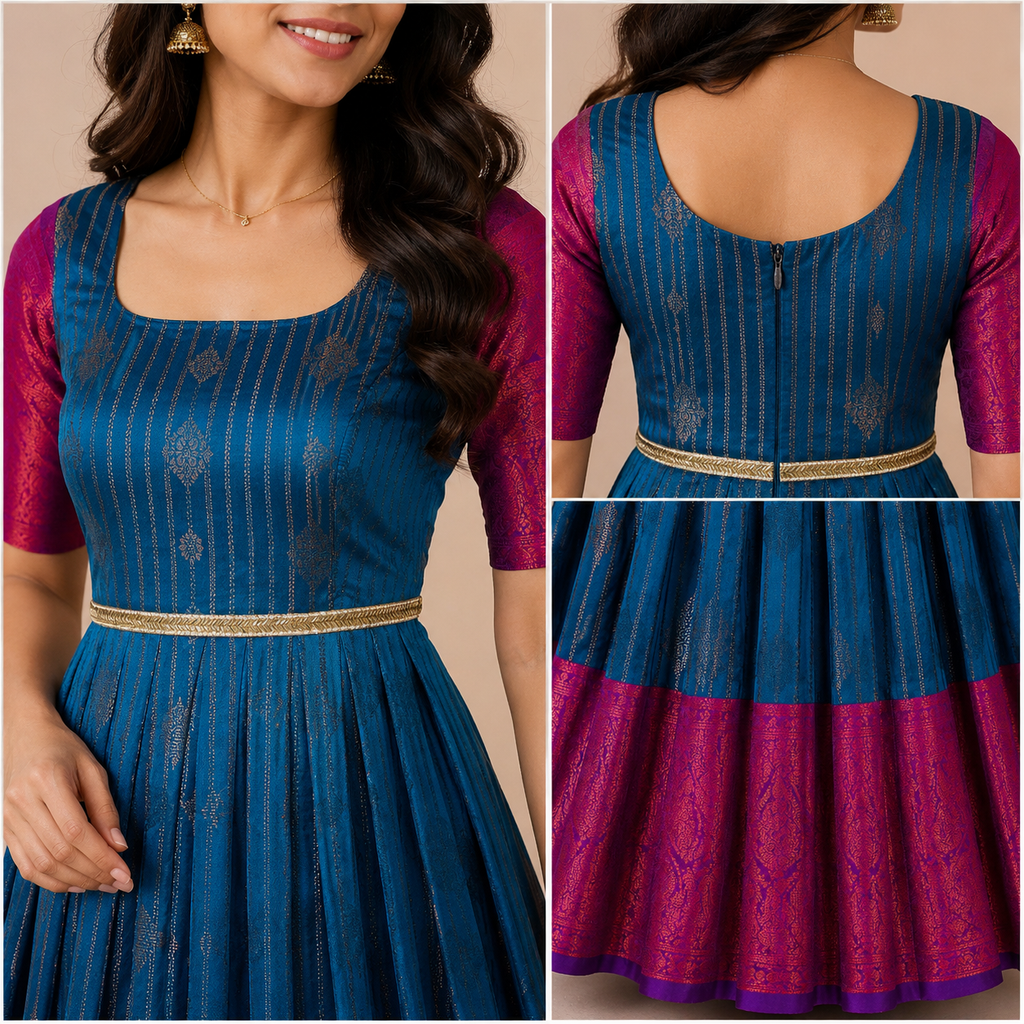 Teal Blue Saree-to-Anarkali Gown
