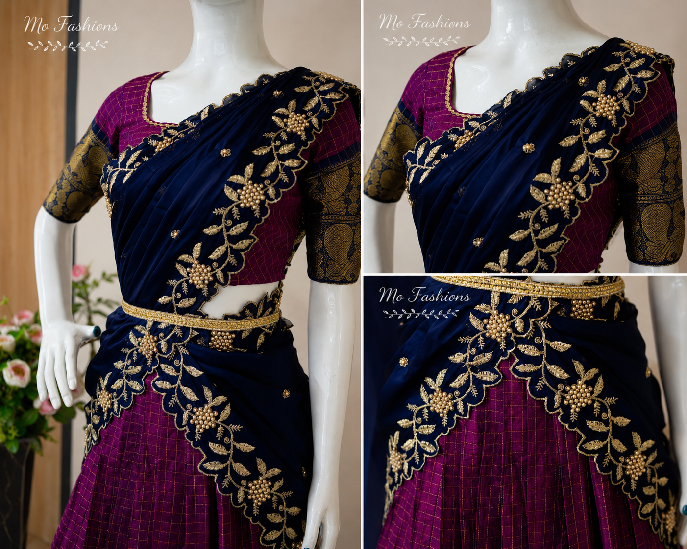 Purple & Navy Blue Designer Drape Lehenga
