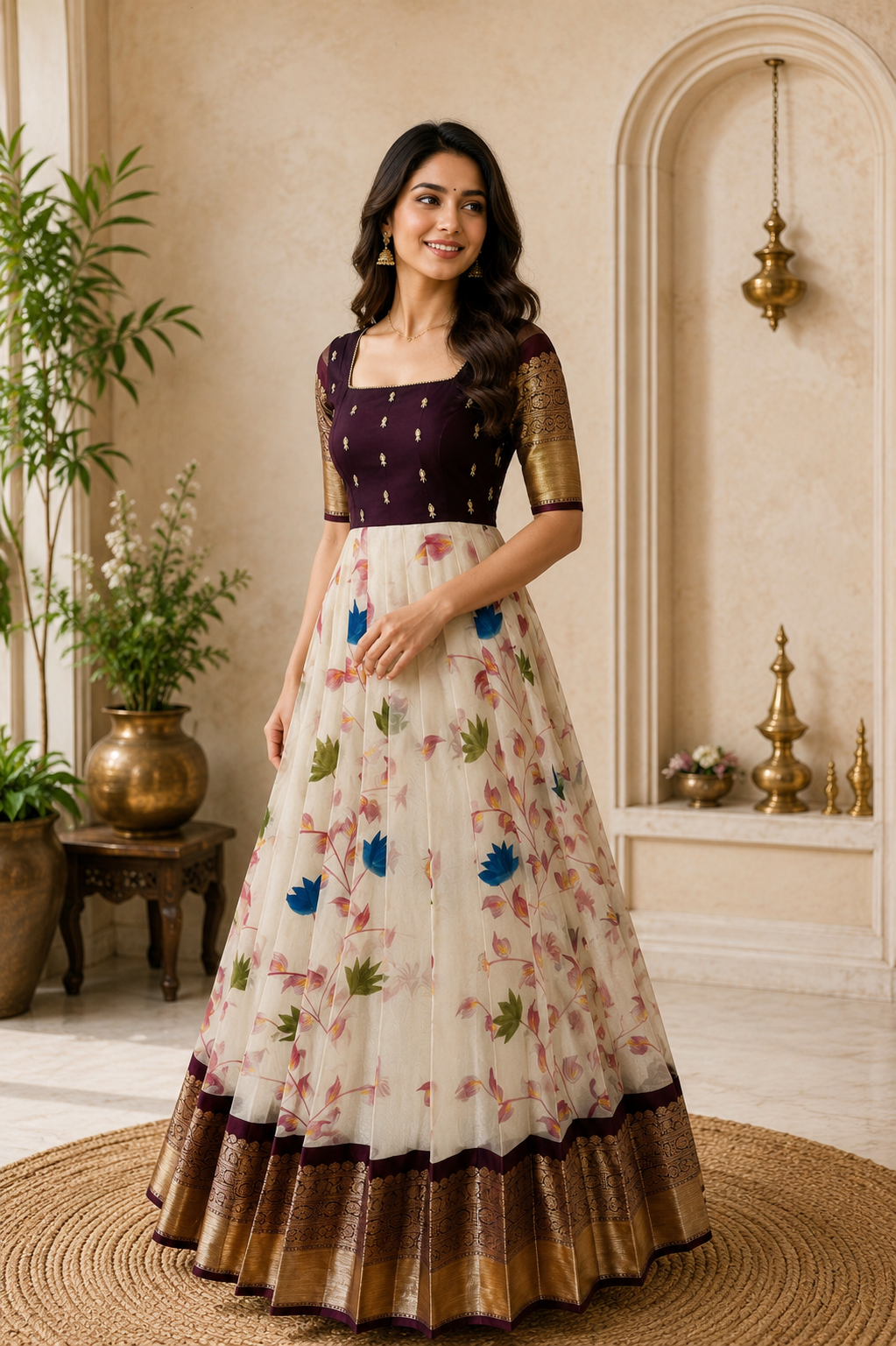 Ivory Floral Saree Style Designer Anarkali