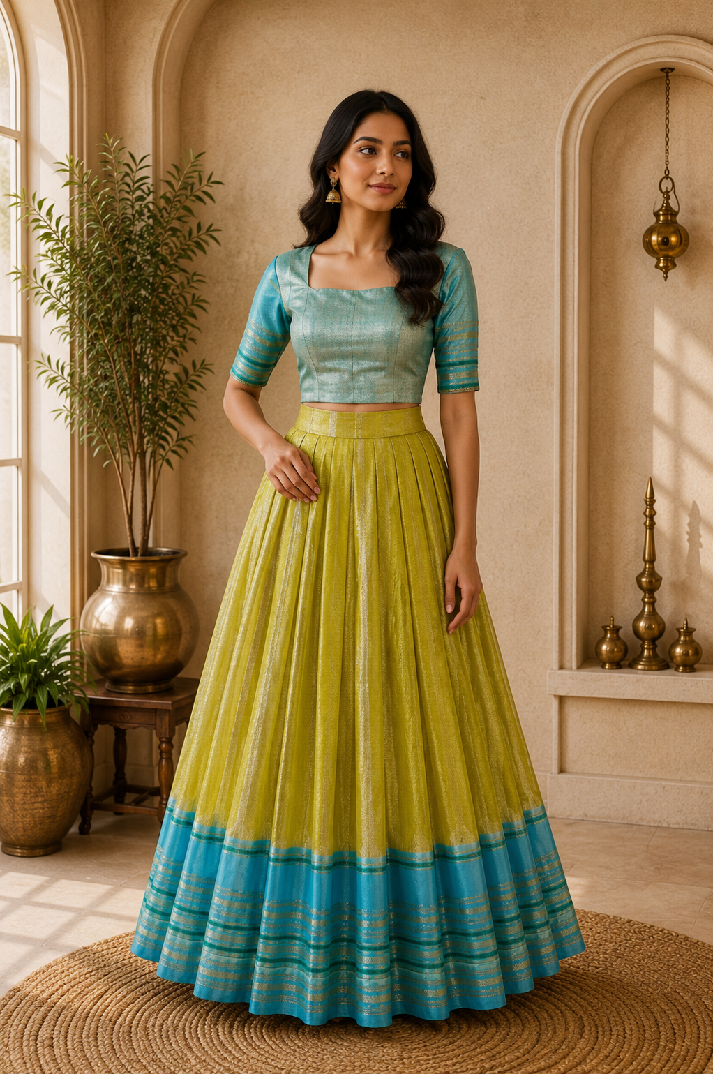 Lime Green Crop Top & Pleated Skirt Set